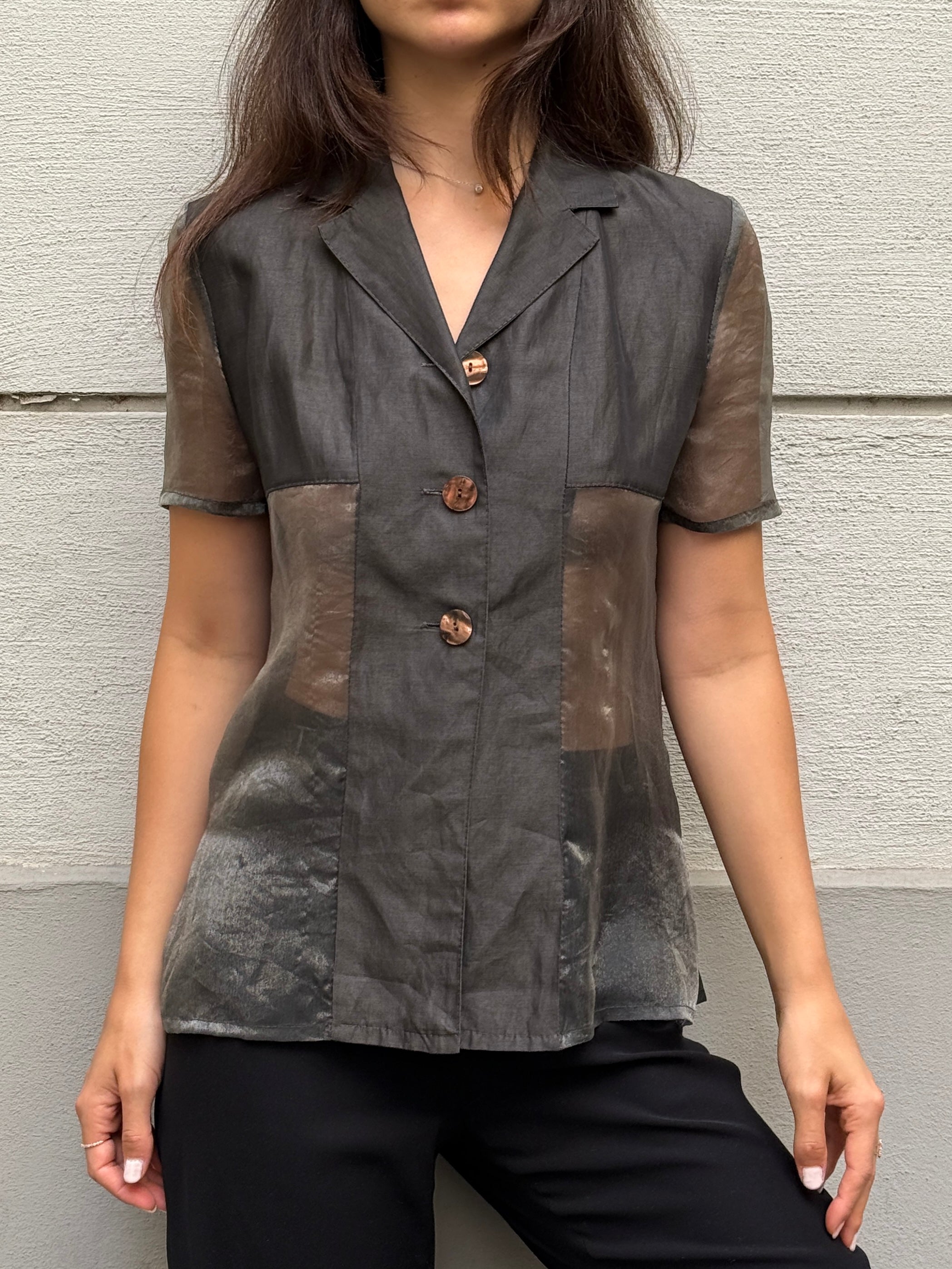 Vintage Gray Sheer Panel Blazer Style Top S/M