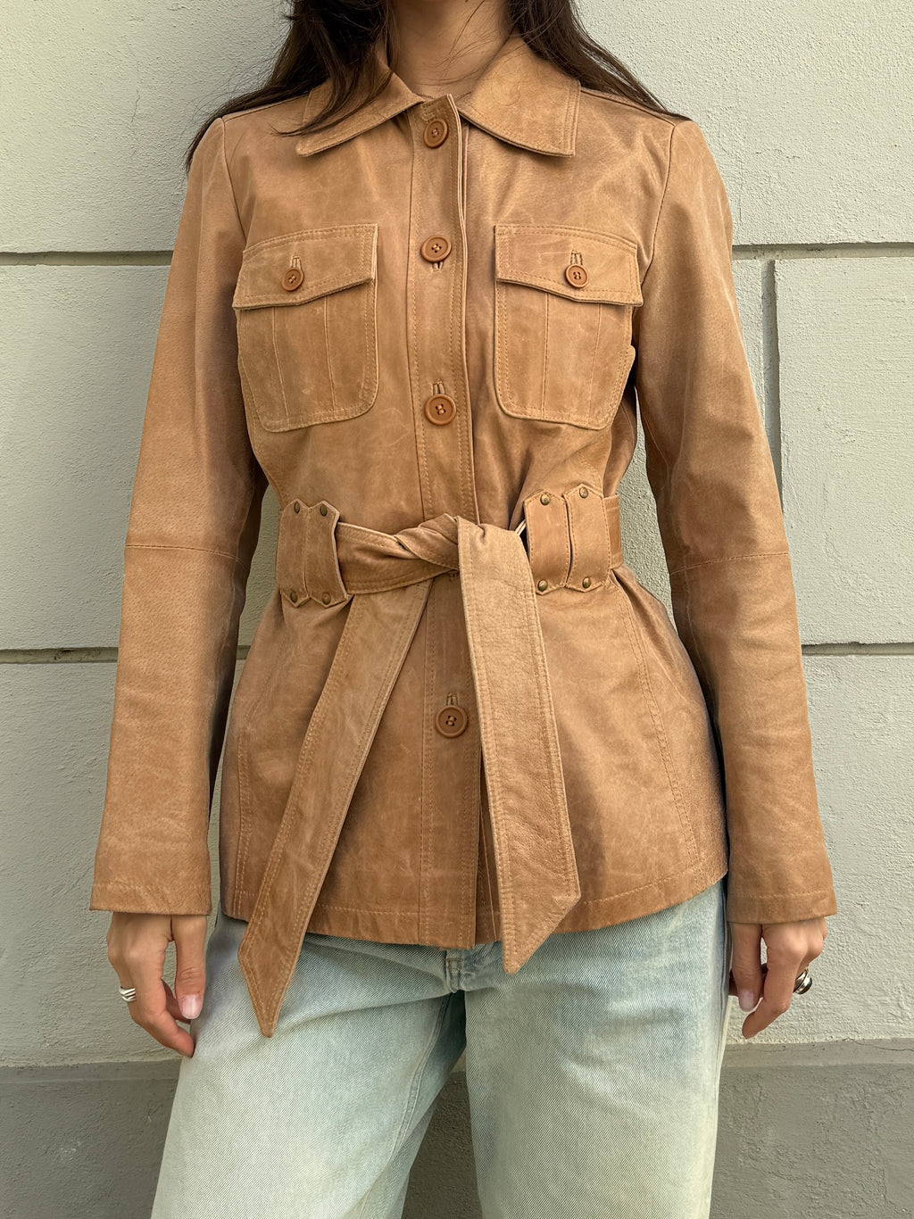 Vintage 100% Genuine Leather Beige Belted Jacket M