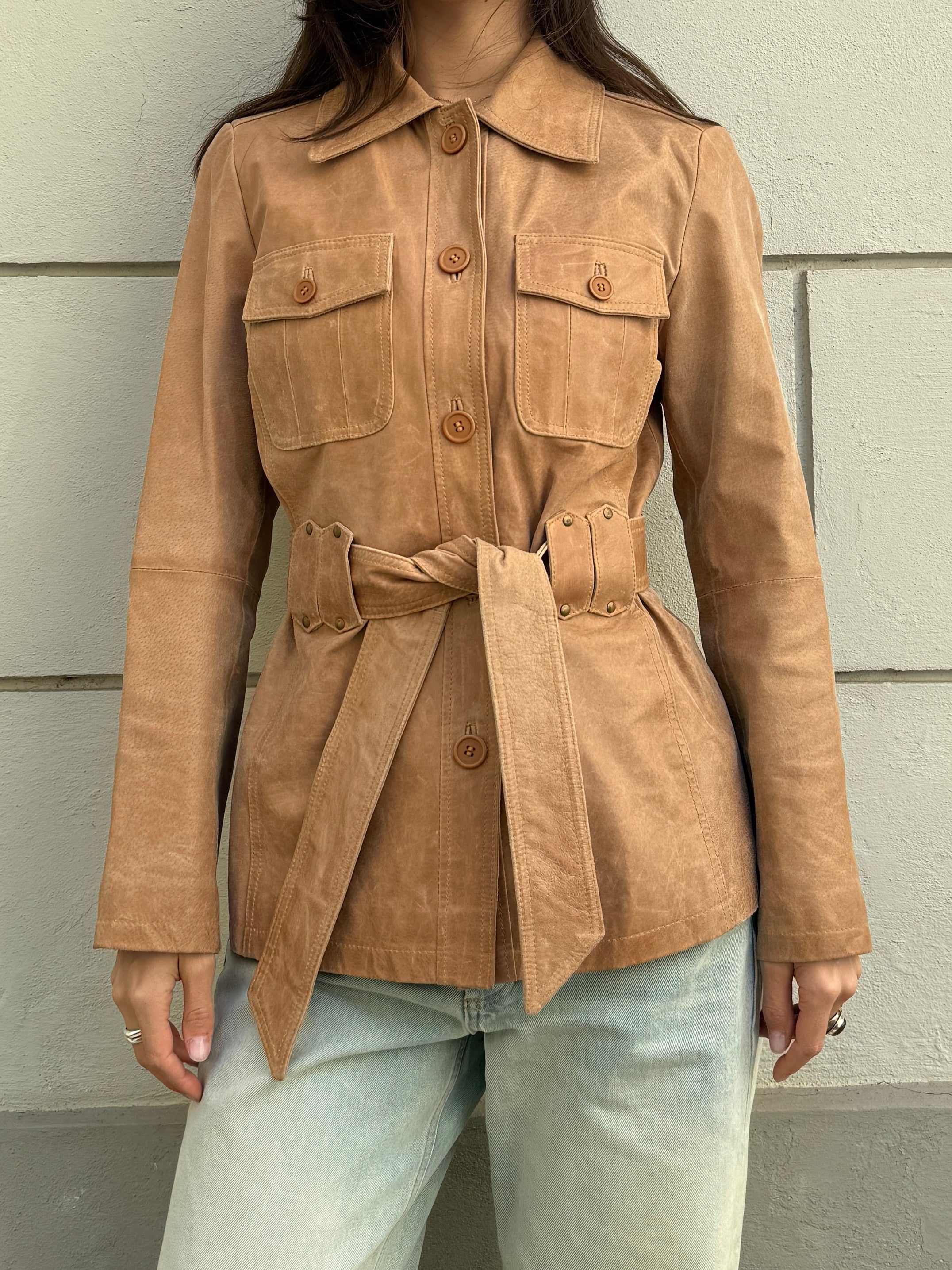 Vintage 100% Genuine Leather Beige Belted Jacket M