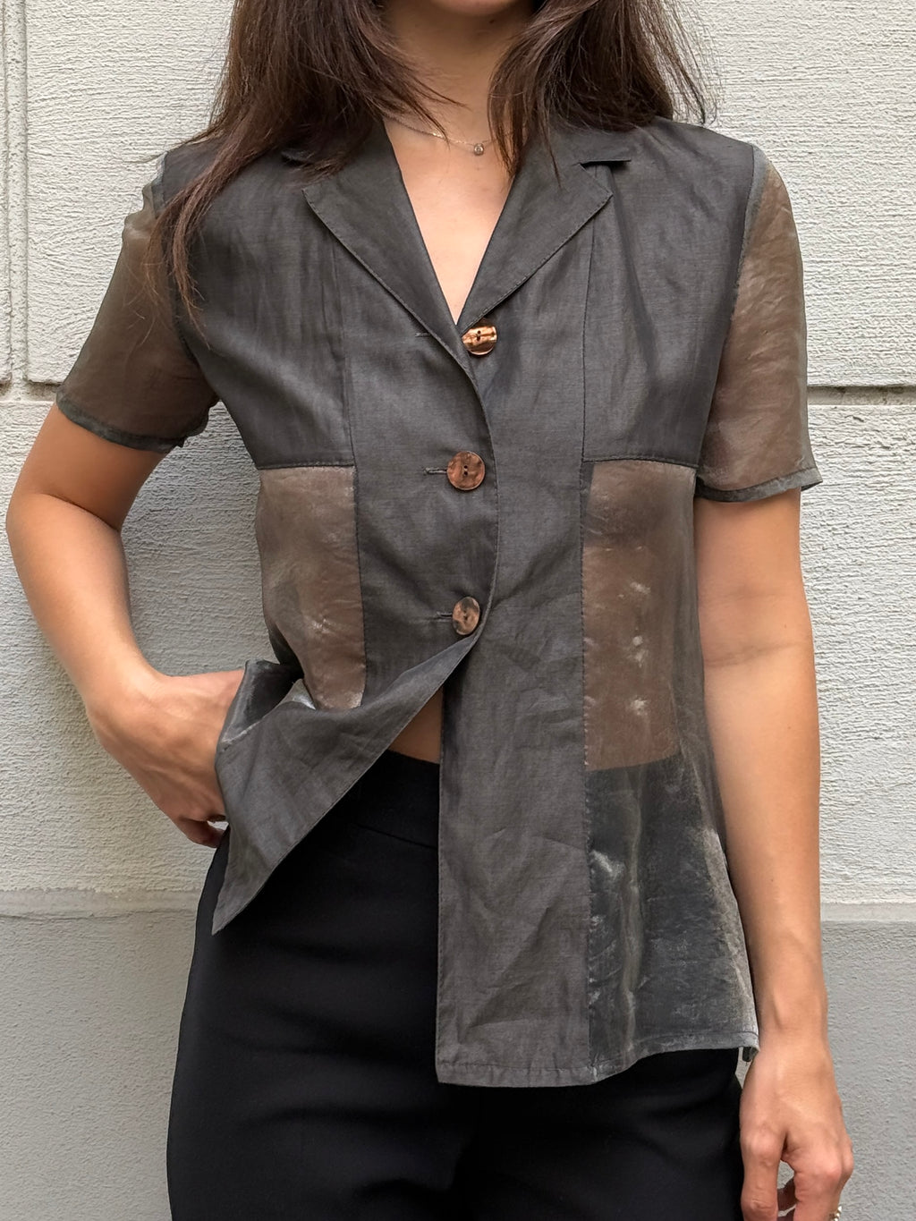 Vintage Gray Sheer Panel Blazer Style Top S/M