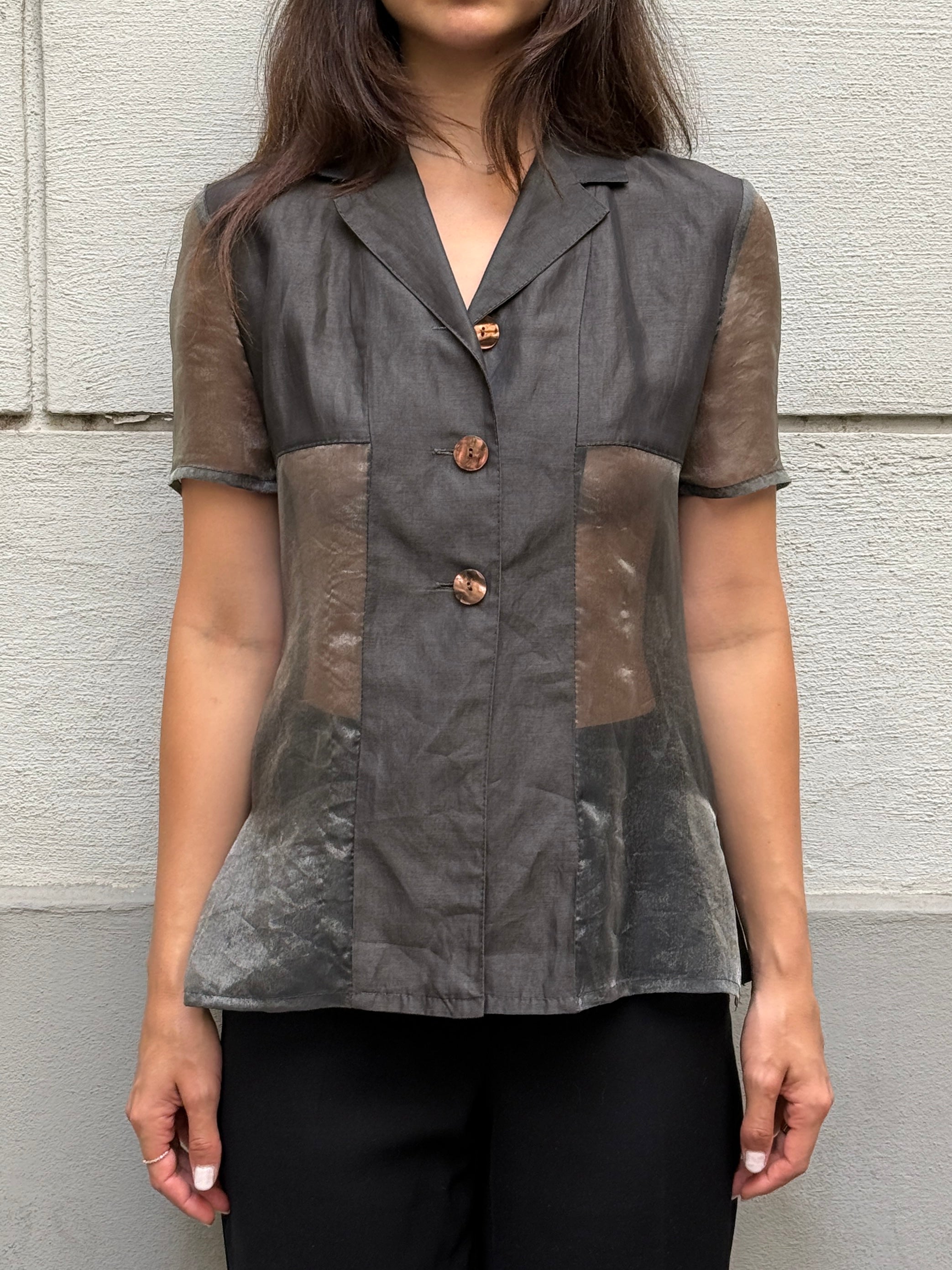 Vintage Gray Sheer Panel Blazer Style Top S/M