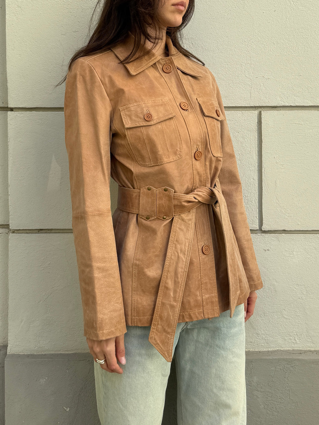 Vintage 100% Genuine Leather Beige Belted Jacket M