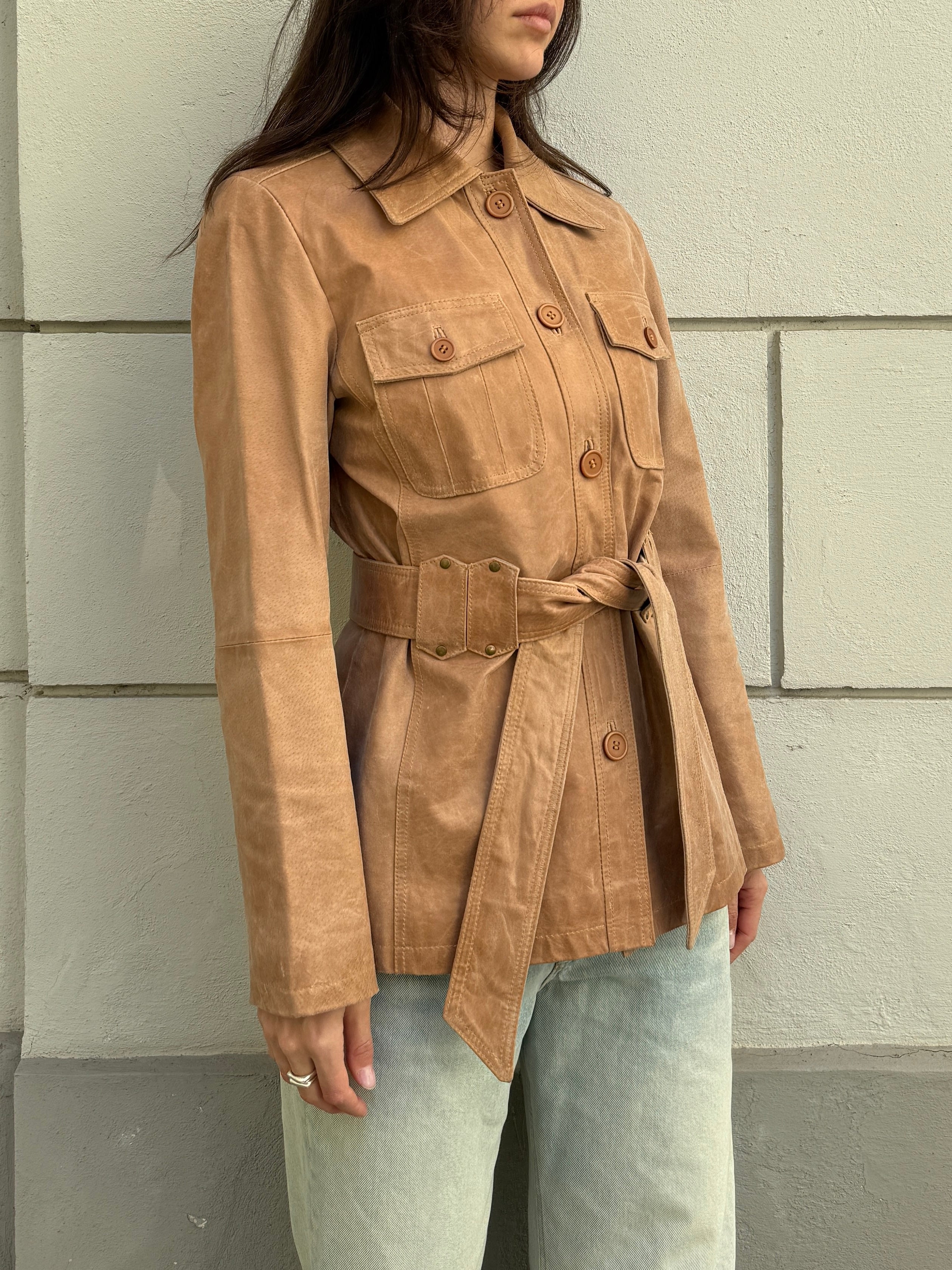 Vintage 100% Genuine Leather Beige Belted Jacket M