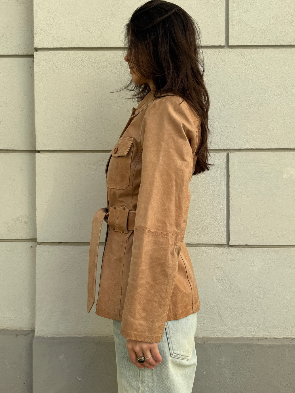 Vintage 100% Genuine Leather Beige Belted Jacket M