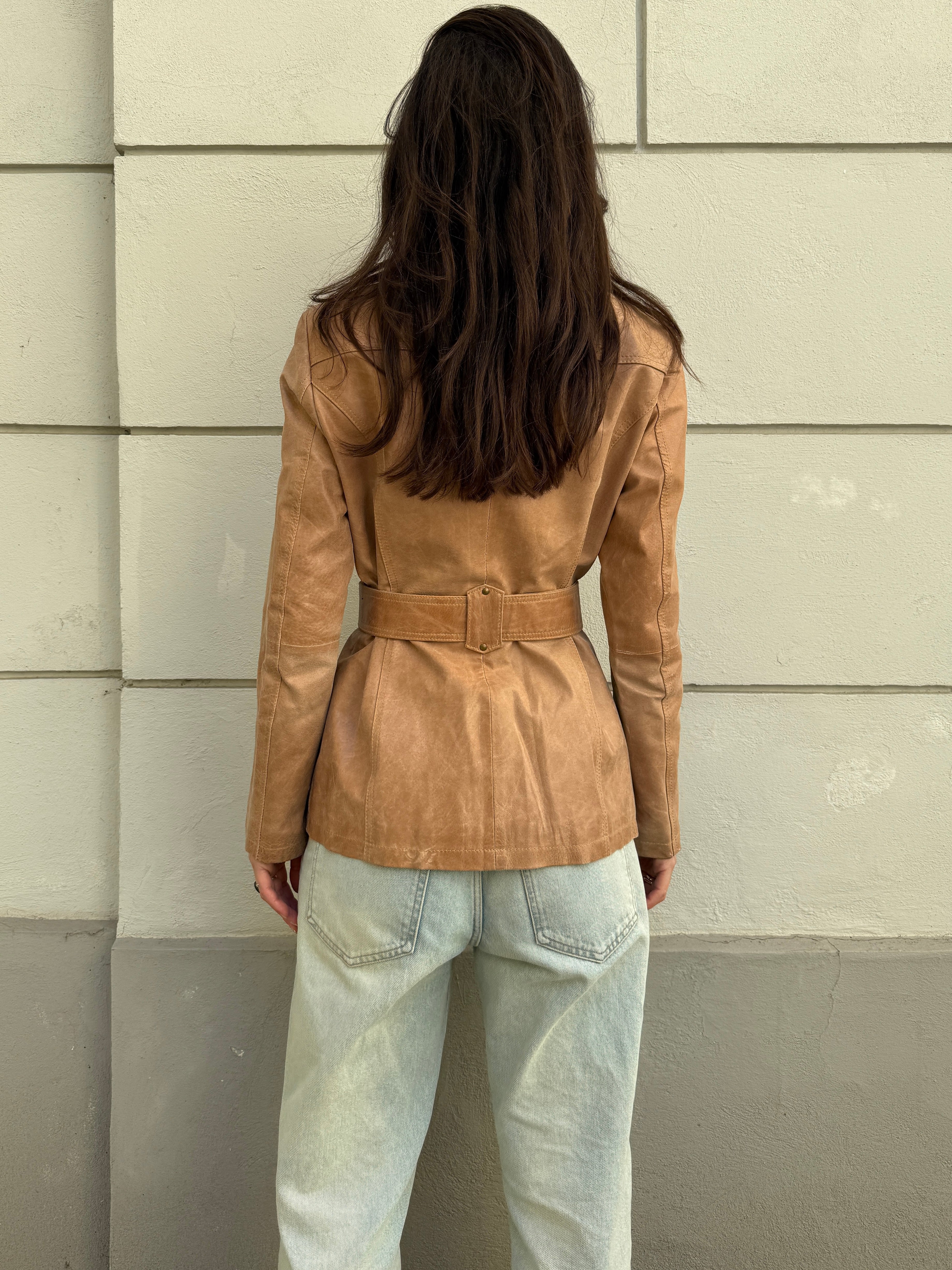 Vintage 100% Genuine Leather Beige Belted Jacket M