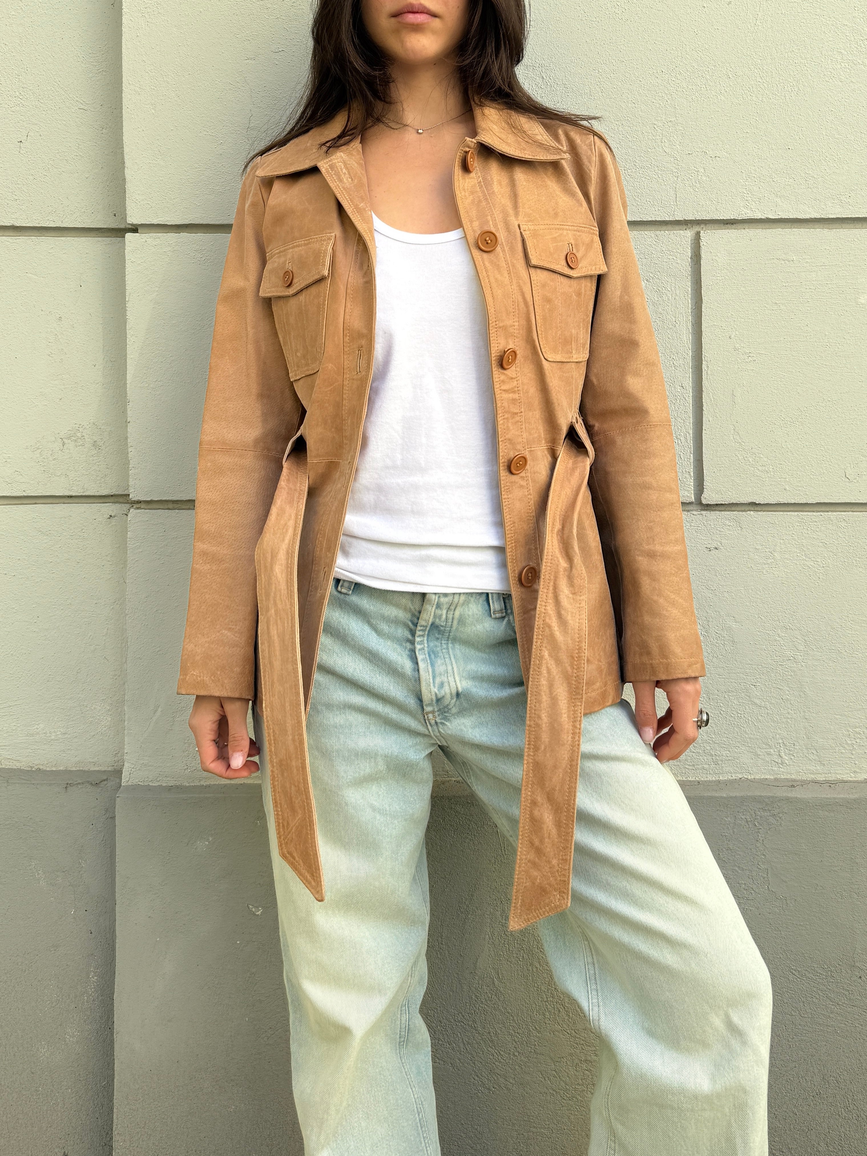 Vintage 100% Genuine Leather Beige Belted Jacket M