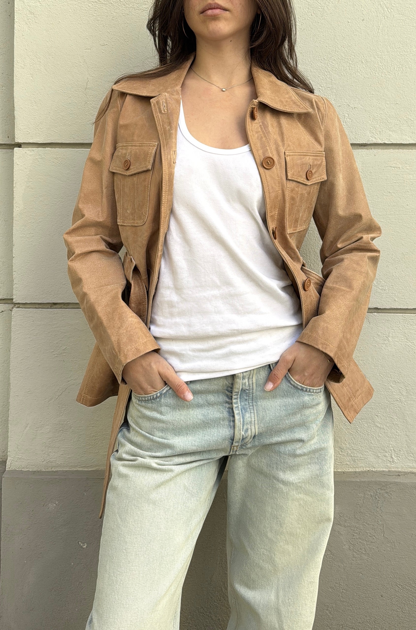 Vintage 100% Genuine Leather Beige Belted Jacket M