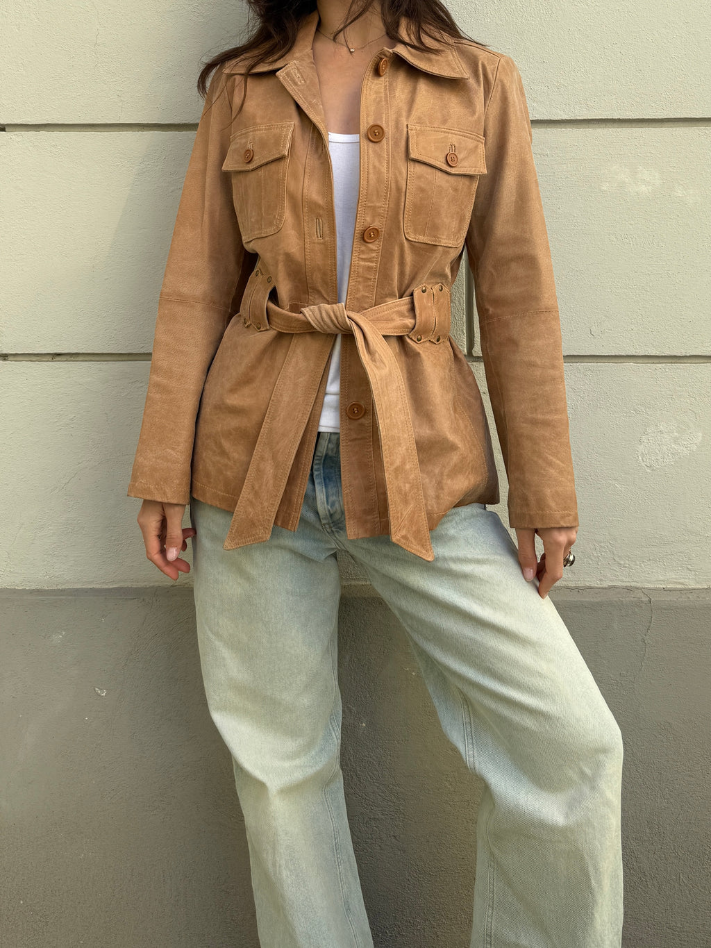 Vintage 100% Genuine Leather Beige Belted Jacket M