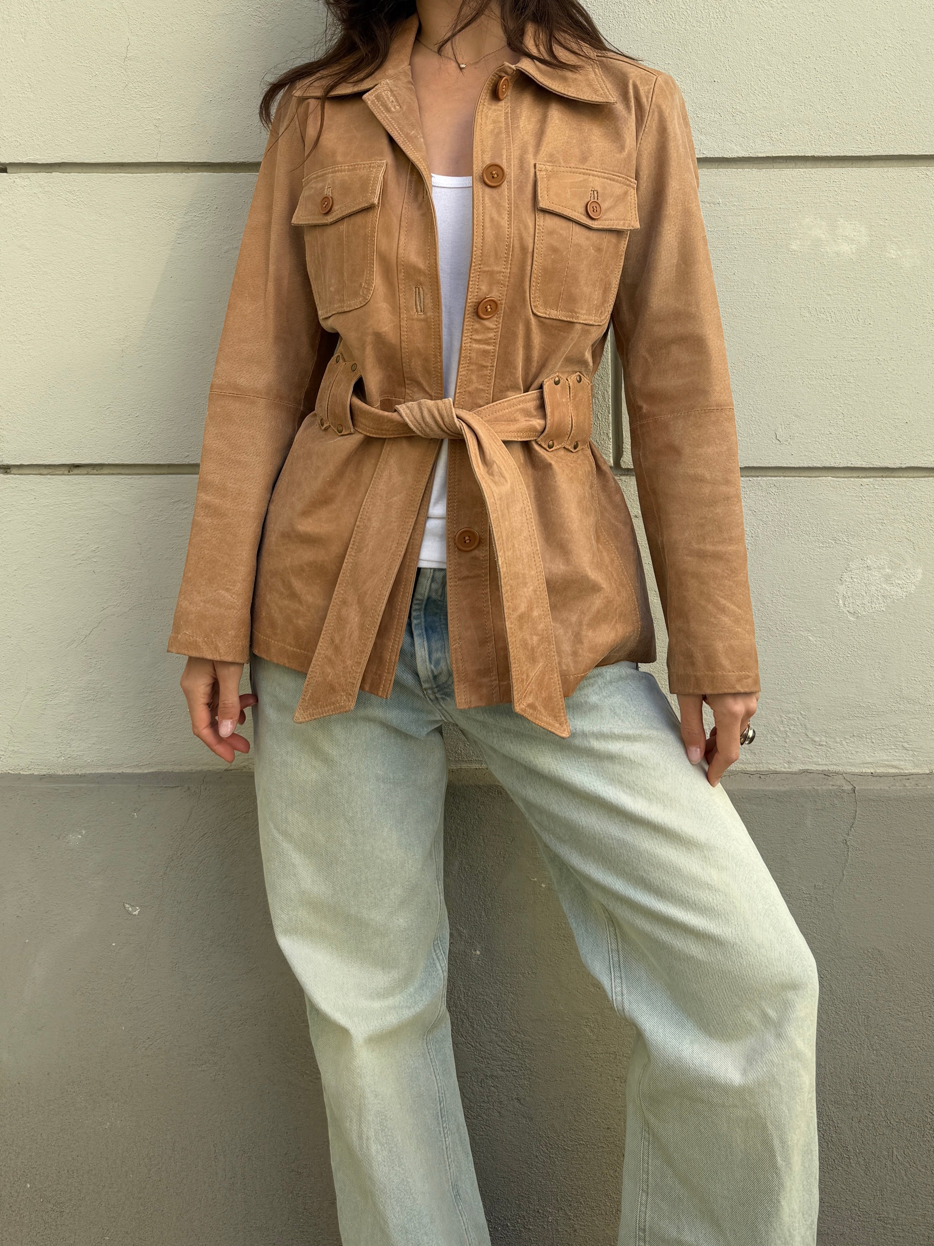 Vintage 100% Genuine Leather Beige Belted Jacket M