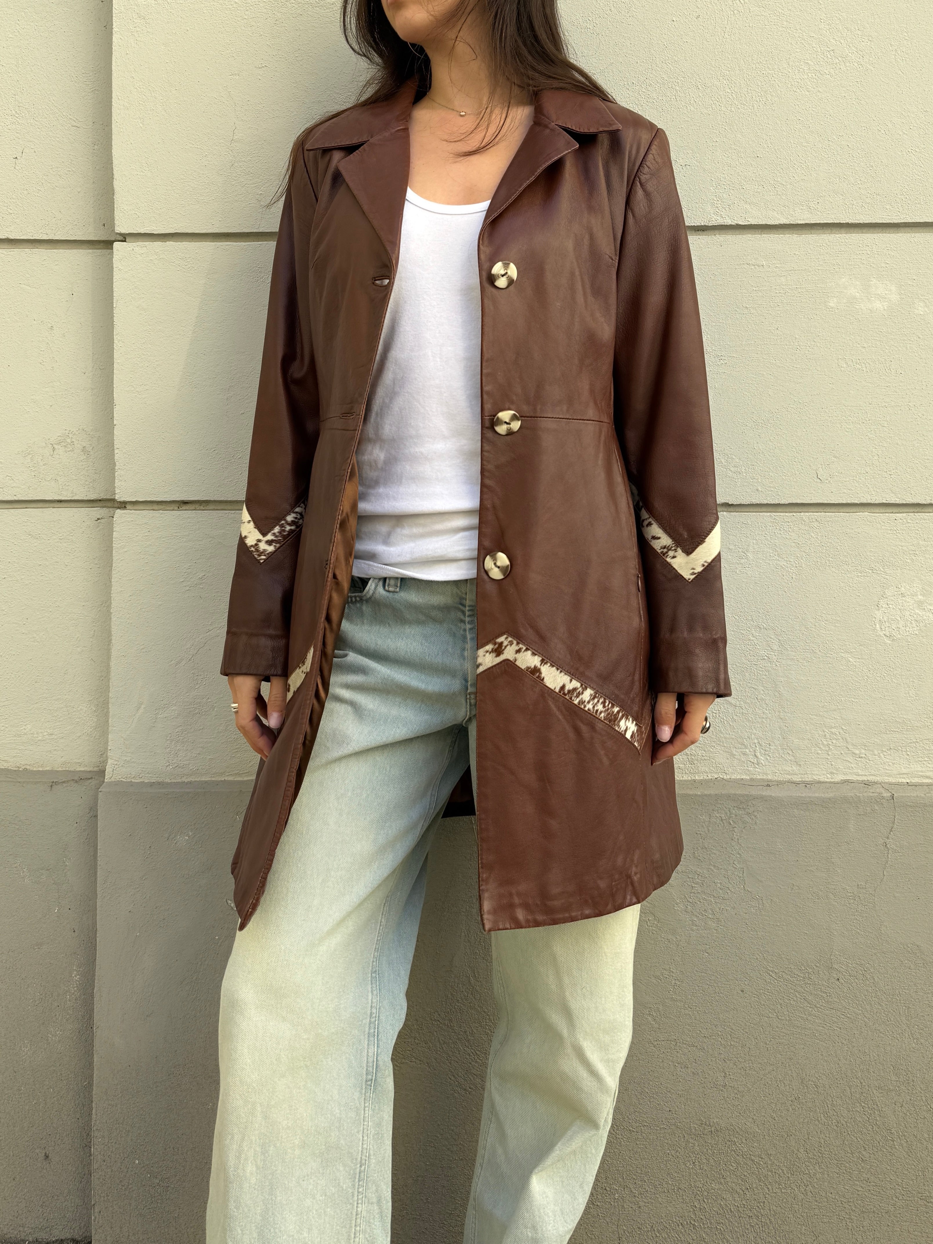 Vintage 100% Genuine Leather Brown Pony Hair Cowhide Patch Jacket M