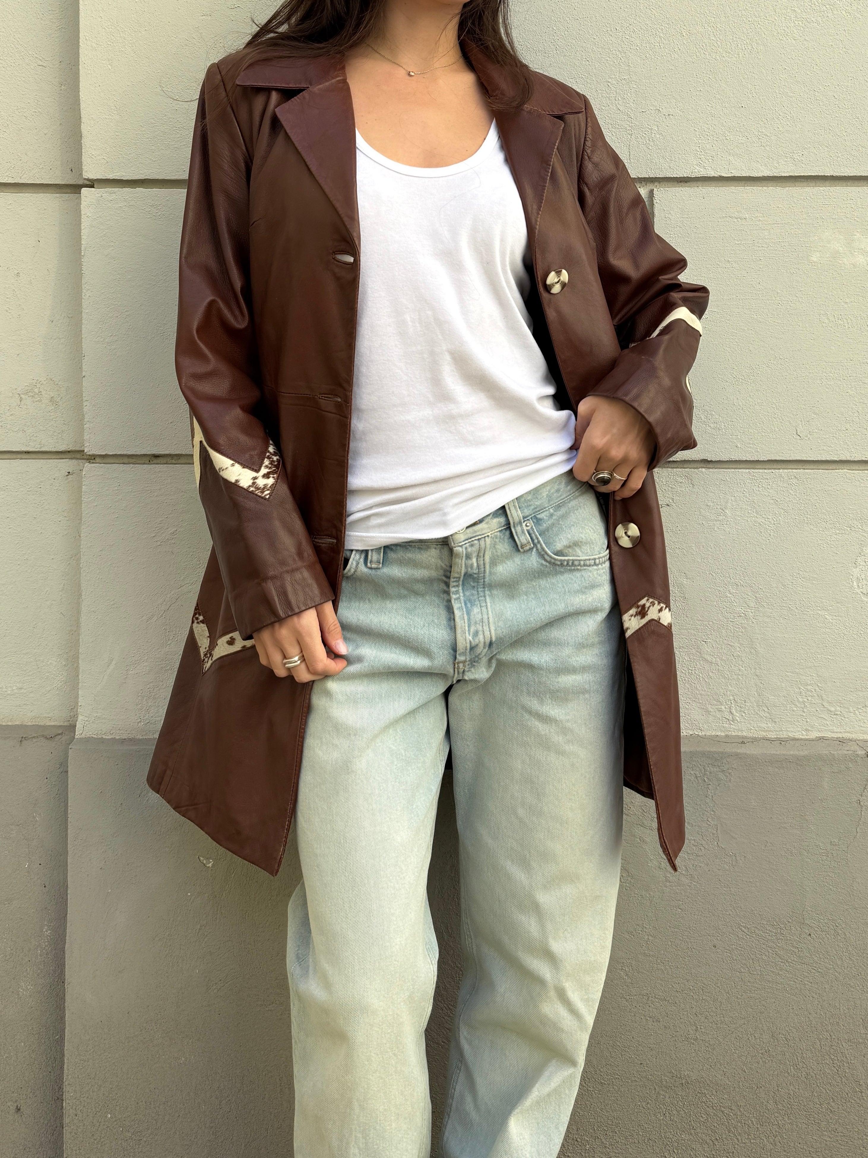 Vintage 100% Genuine Leather Brown Pony Hair Cowhide Patch Jacket M