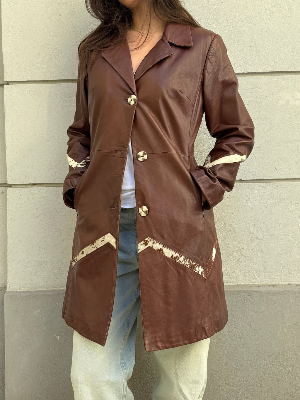 Vintage 100% Genuine Leather Brown Pony Hair Cowhide Patch Jacket M