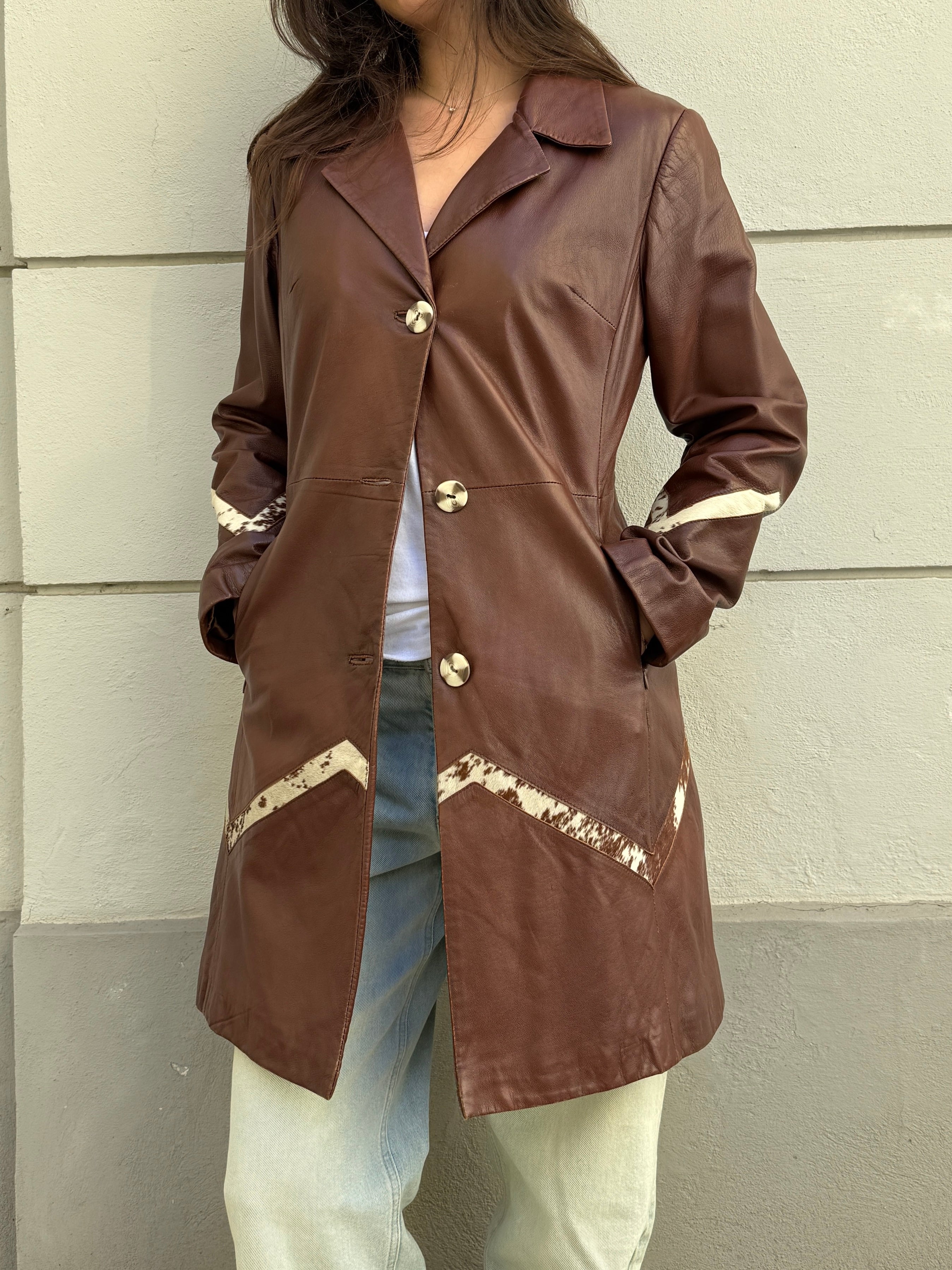 Vintage 100% Genuine Leather Brown Pony Hair Cowhide Patch Jacket M