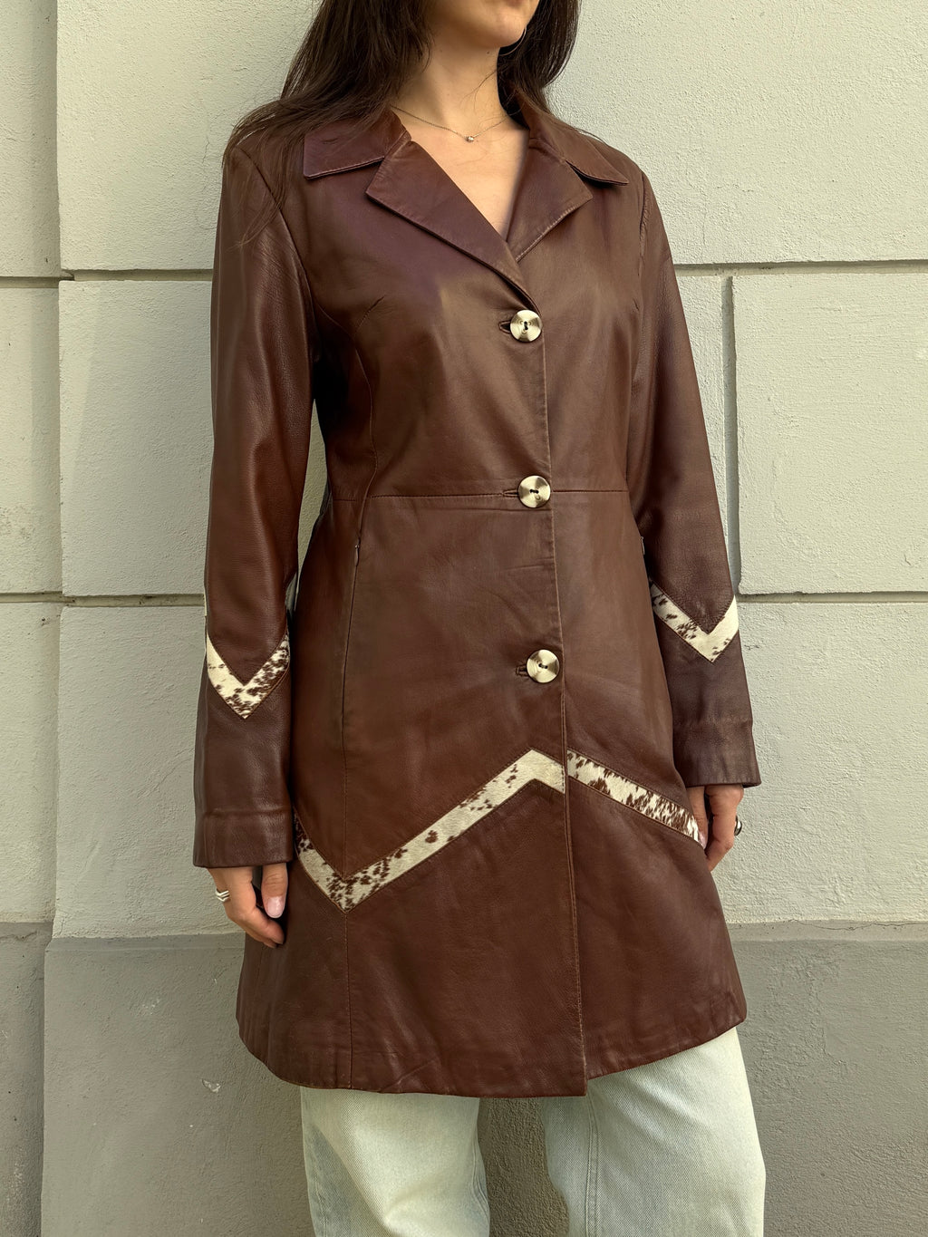 Vintage 100% Genuine Leather Brown Pony Hair Cowhide Patch Jacket M