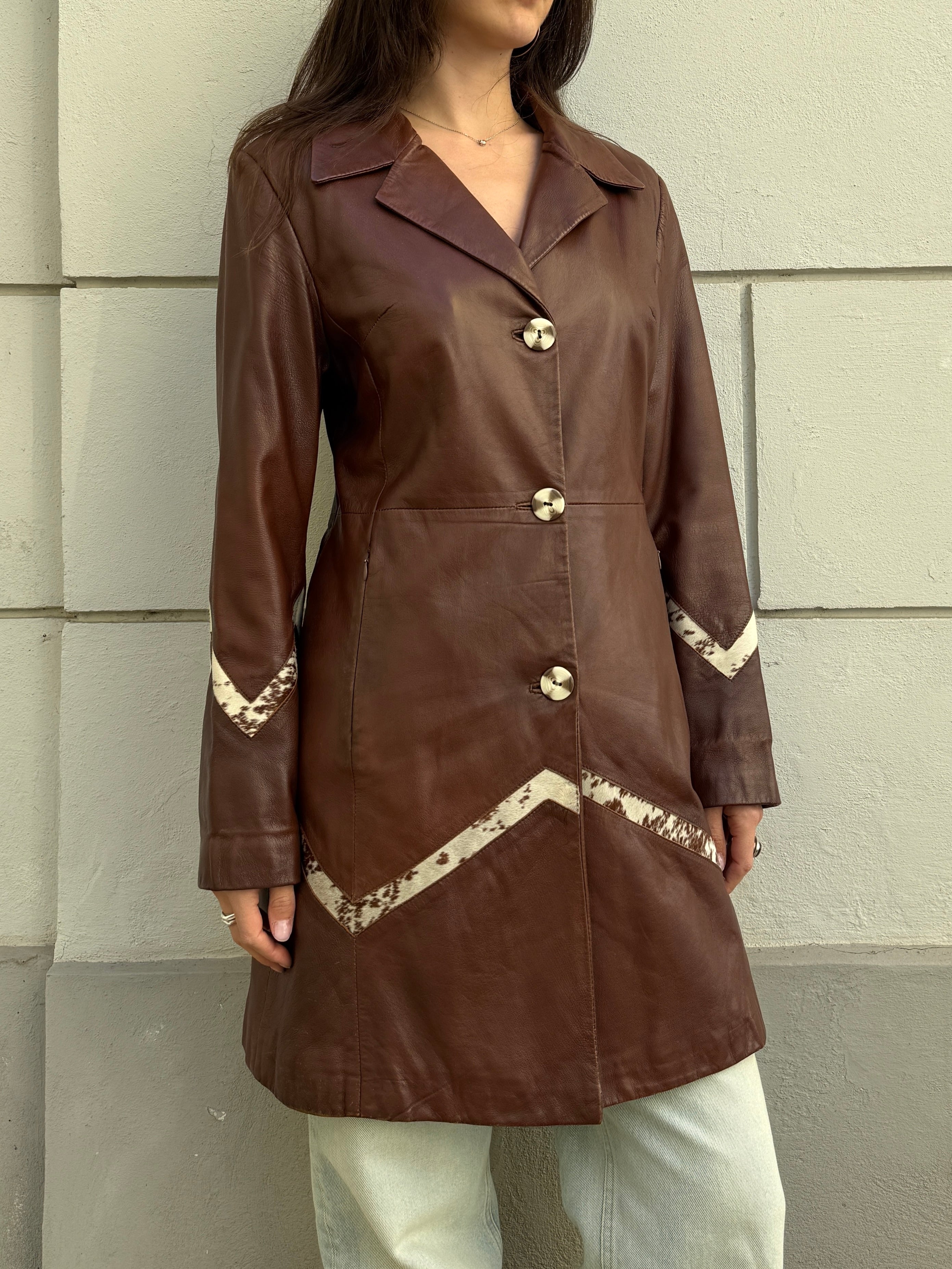 Vintage 100% Genuine Leather Brown Pony Hair Cowhide Patch Jacket M