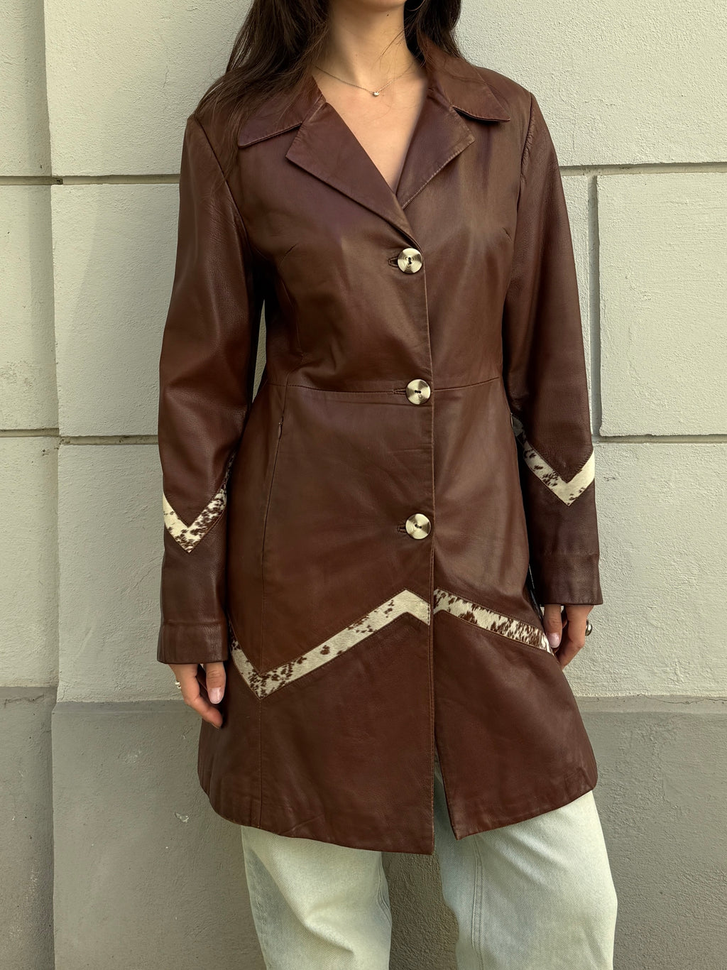 Vintage 100% Genuine Leather Brown Pony Hair Cowhide Patch Jacket M