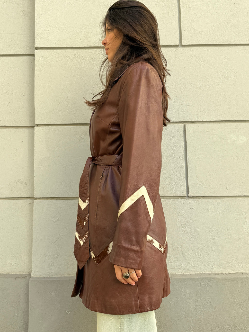 Vintage 100% Genuine Leather Brown Pony Hair Cowhide Patch Jacket M