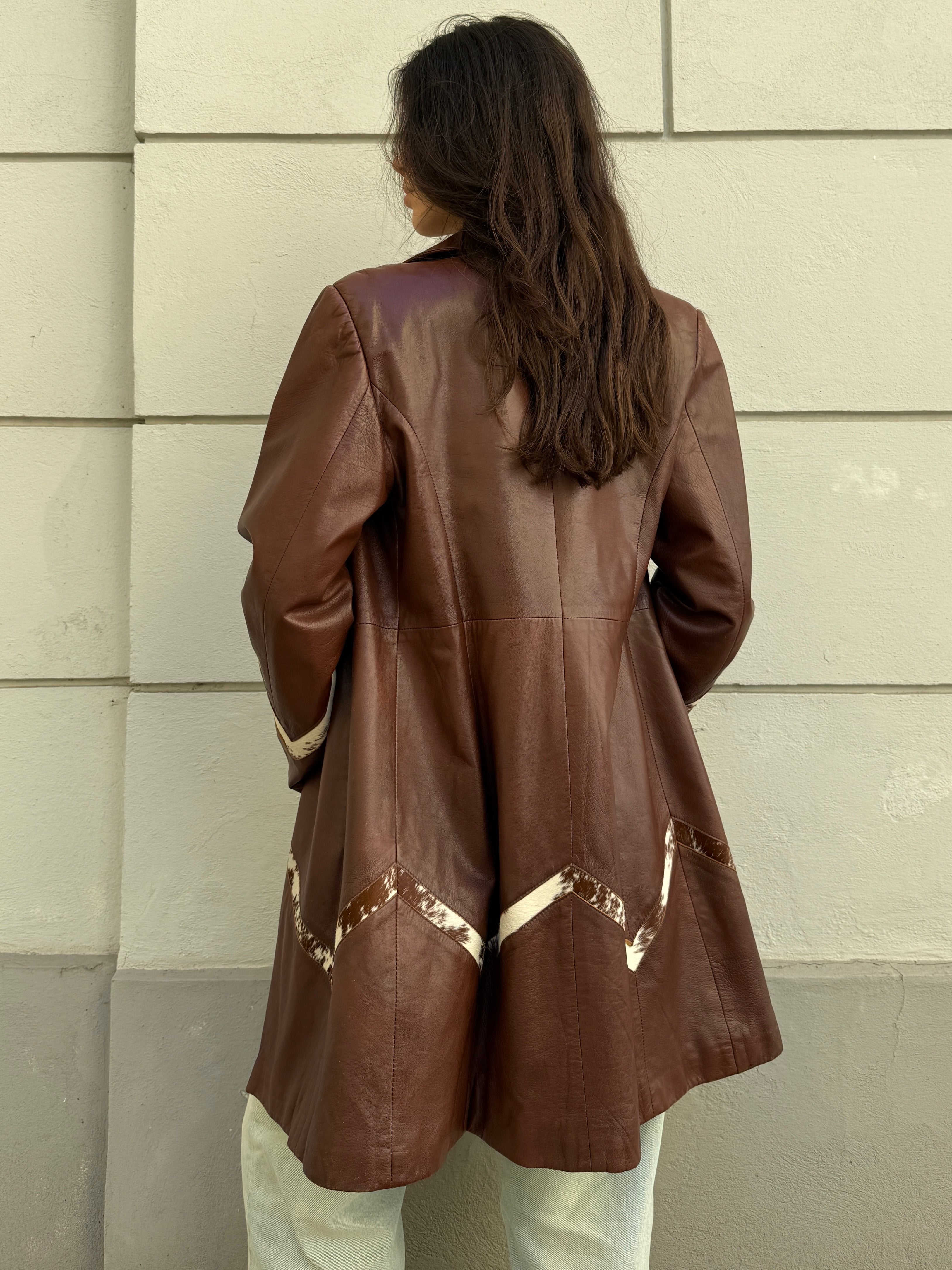 Vintage 100% Genuine Leather Brown Pony Hair Cowhide Patch Jacket M