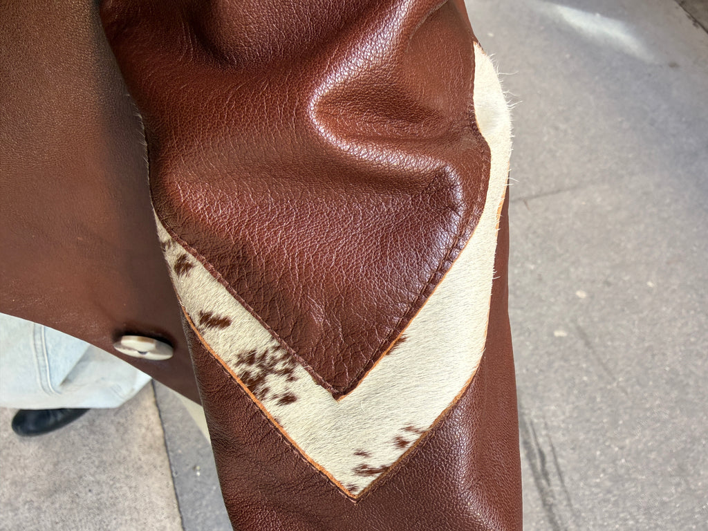 Vintage 100% Genuine Leather Brown Pony Hair Cowhide Patch Jacket M