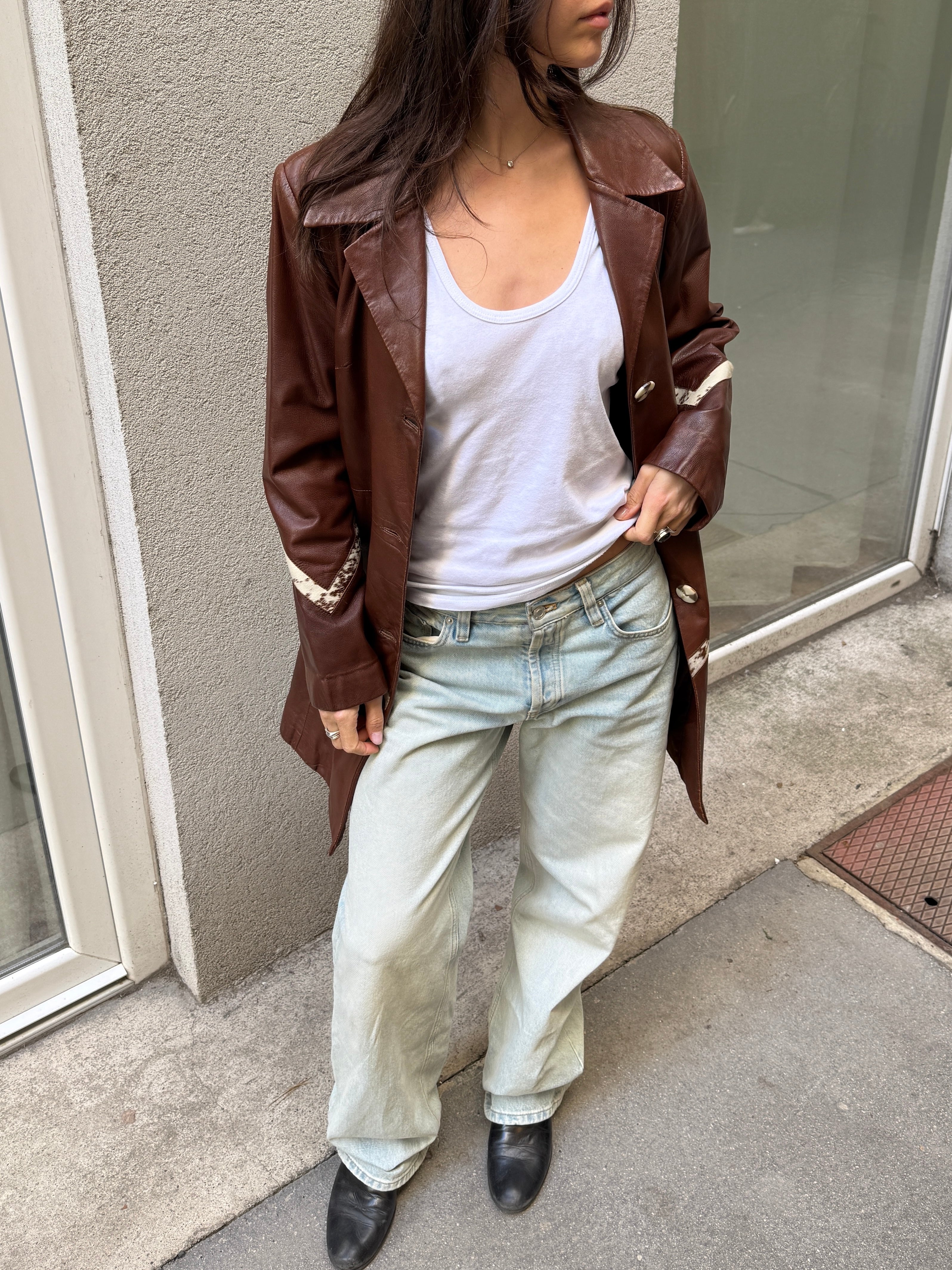 Vintage 100% Genuine Leather Brown Pony Hair Cowhide Patch Jacket M