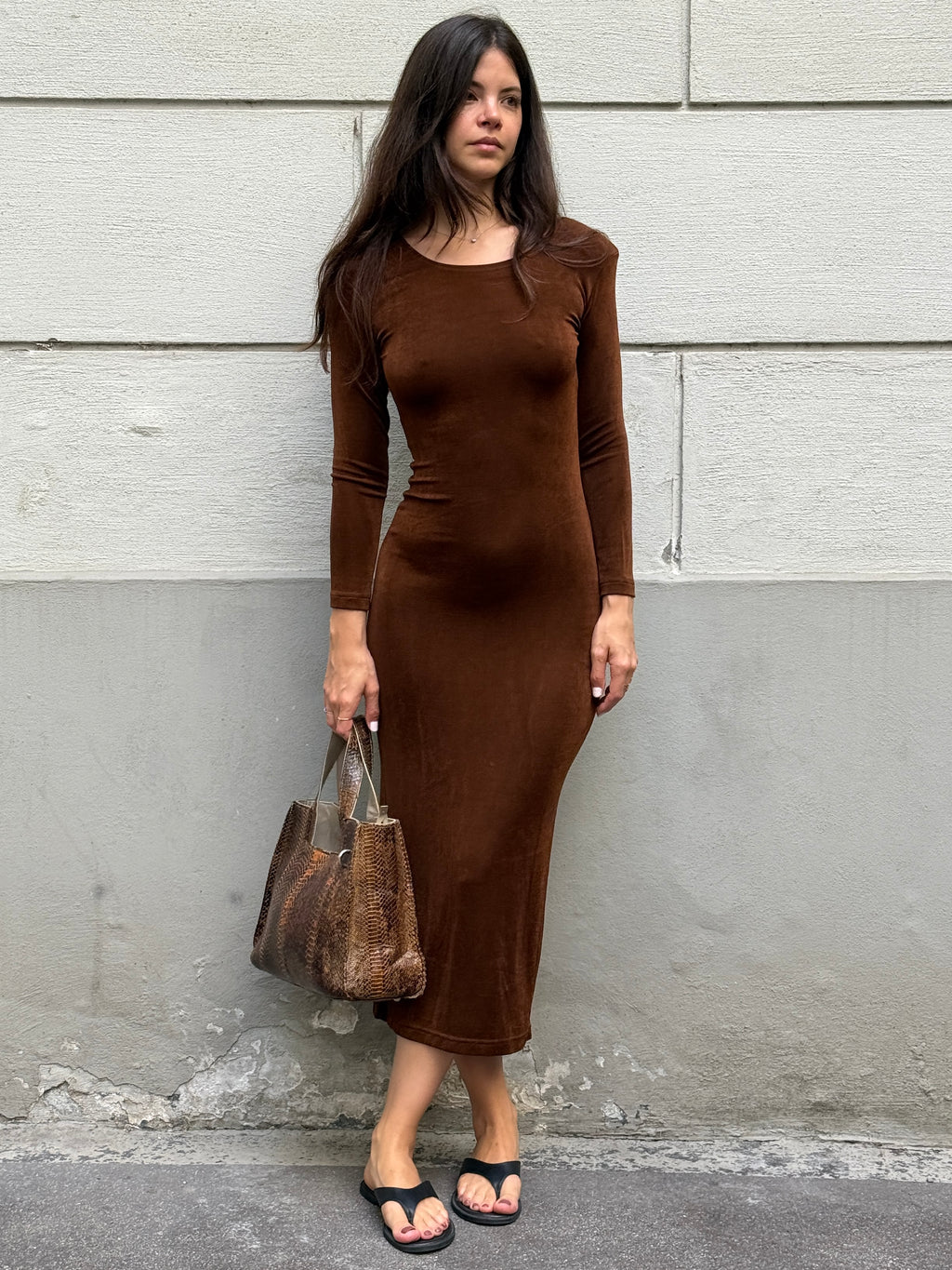 Vintage 100% Cotton Brown Body Con Midi Dress S