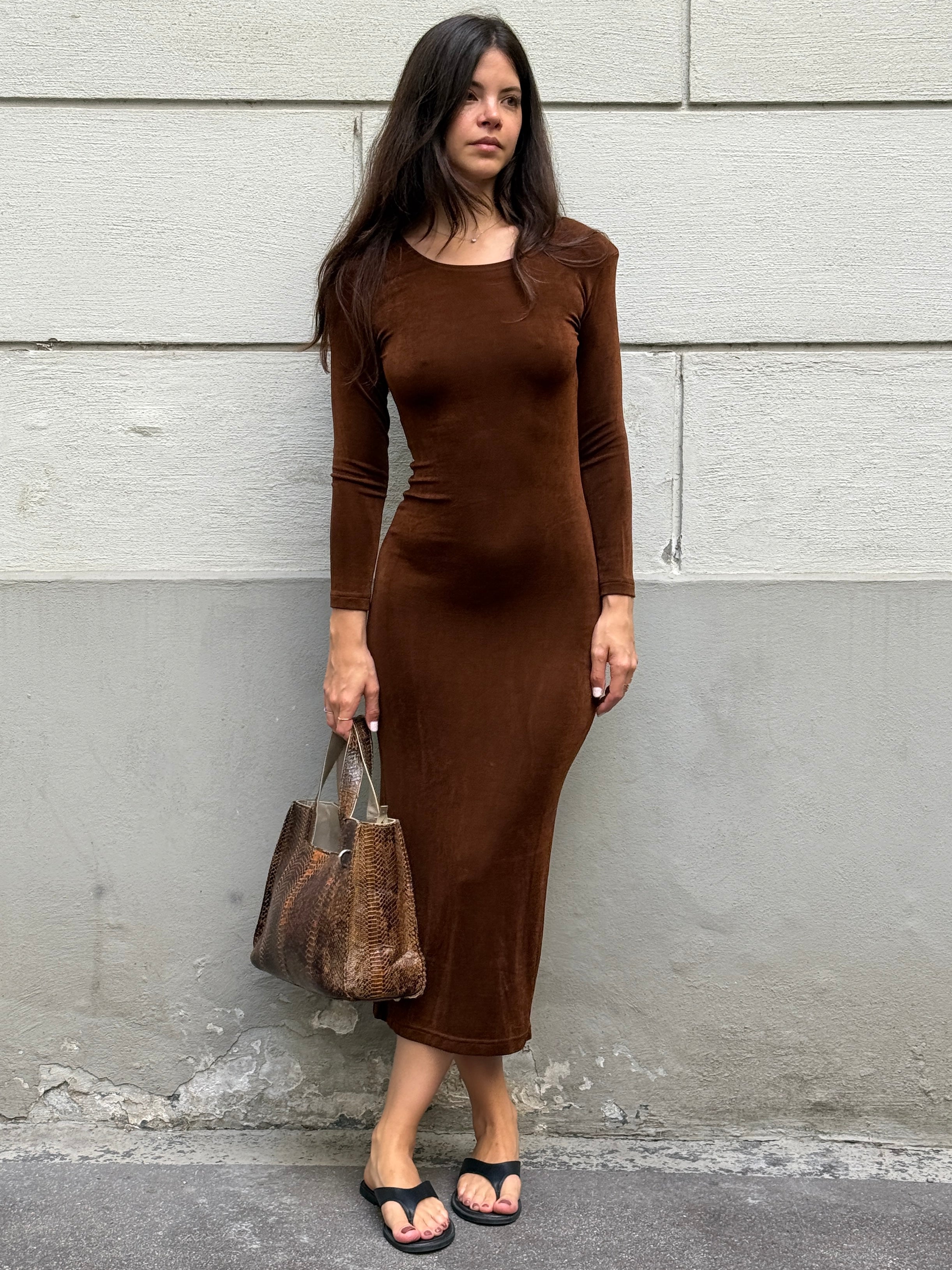 Vintage 100% Cotton Brown Body Con Midi Dress S