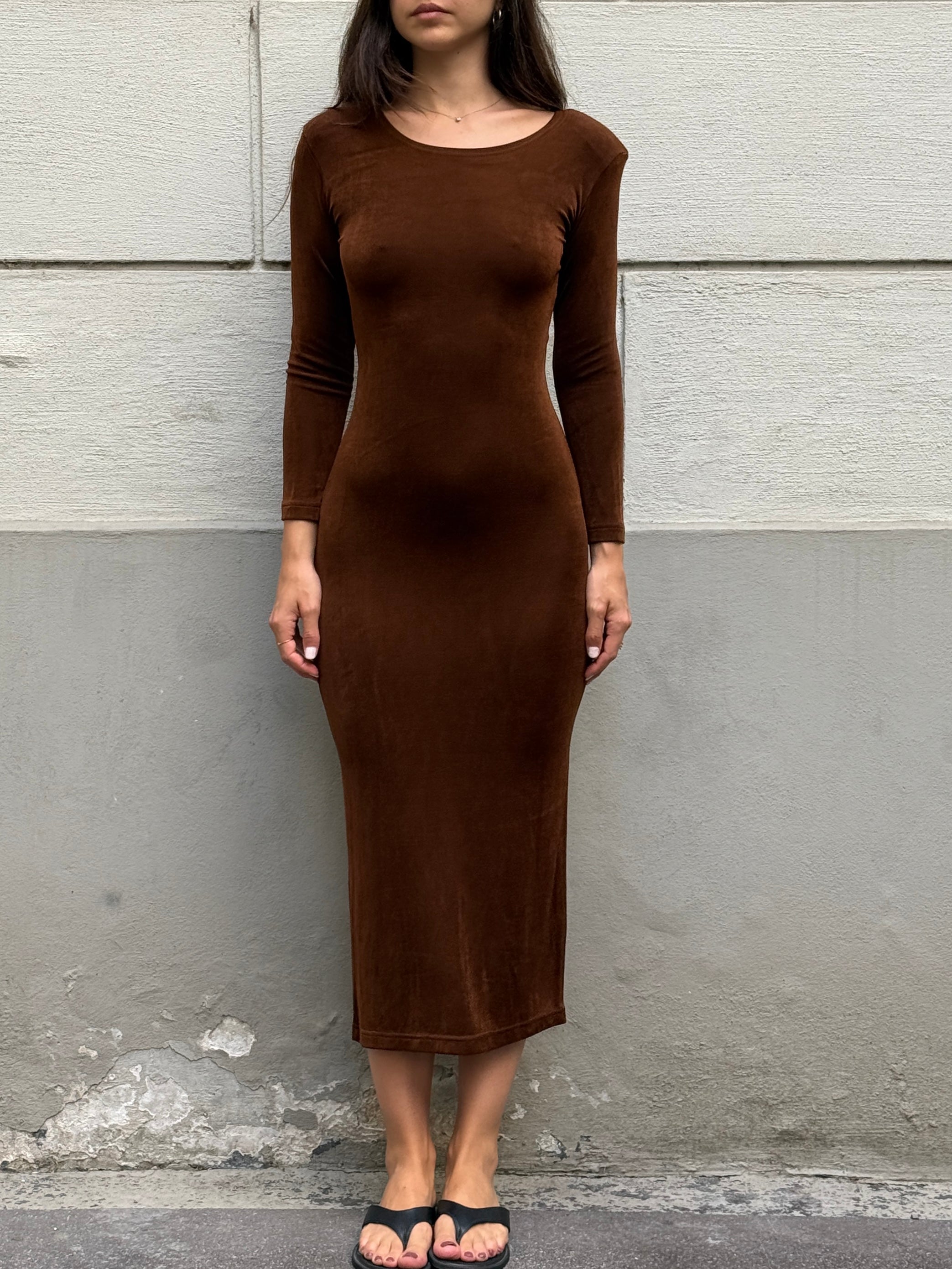 Vintage 100% Cotton Brown Body Con Midi Dress S