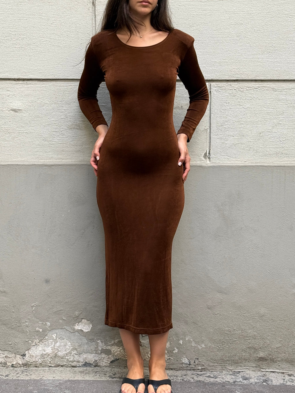 Vintage 100% Cotton Brown Body Con Midi Dress S