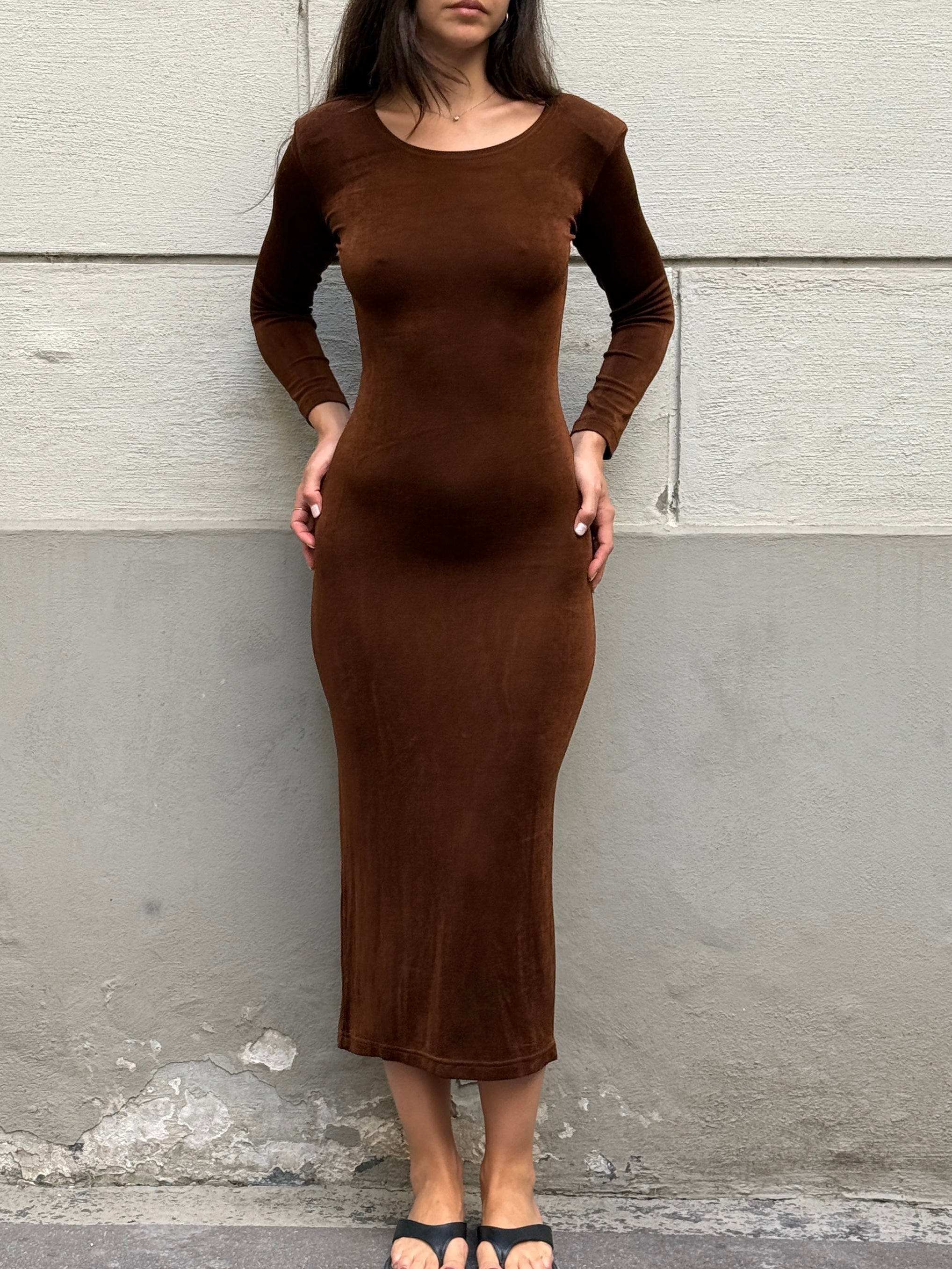 Vintage 100% Cotton Brown Body Con Midi Dress S
