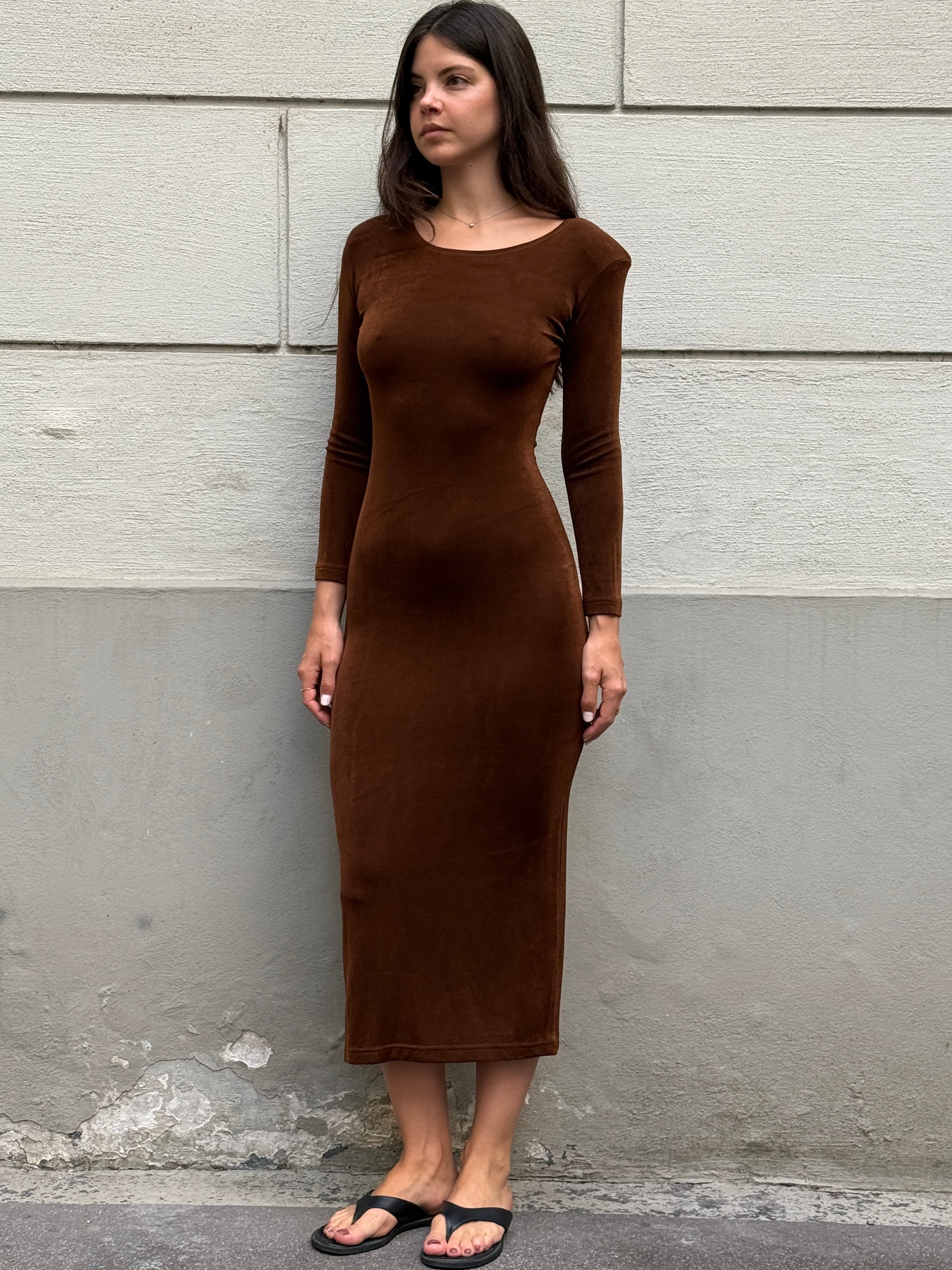 Vintage 100% Cotton Brown Body Con Midi Dress S