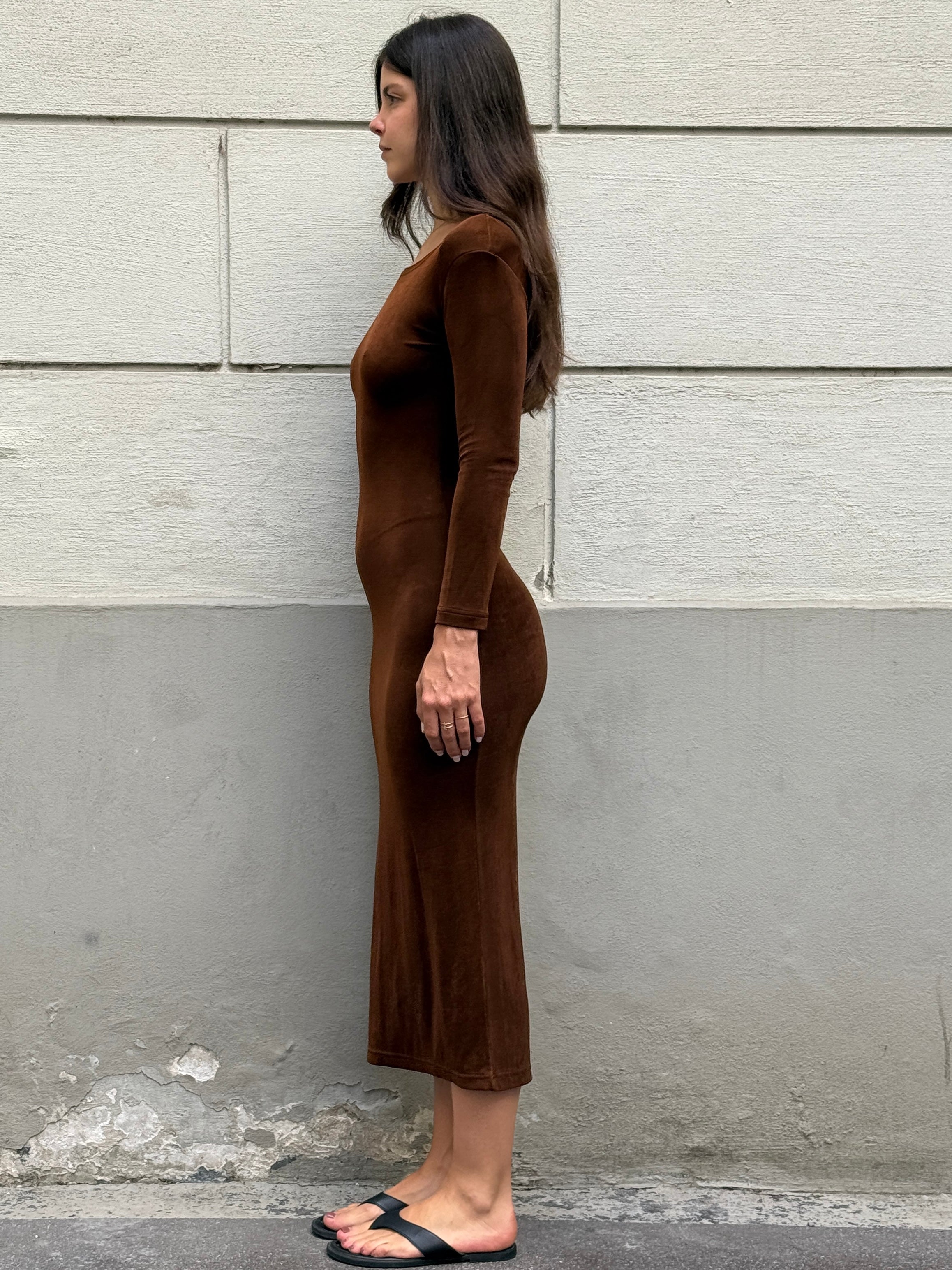 Vintage 100% Cotton Brown Body Con Midi Dress S