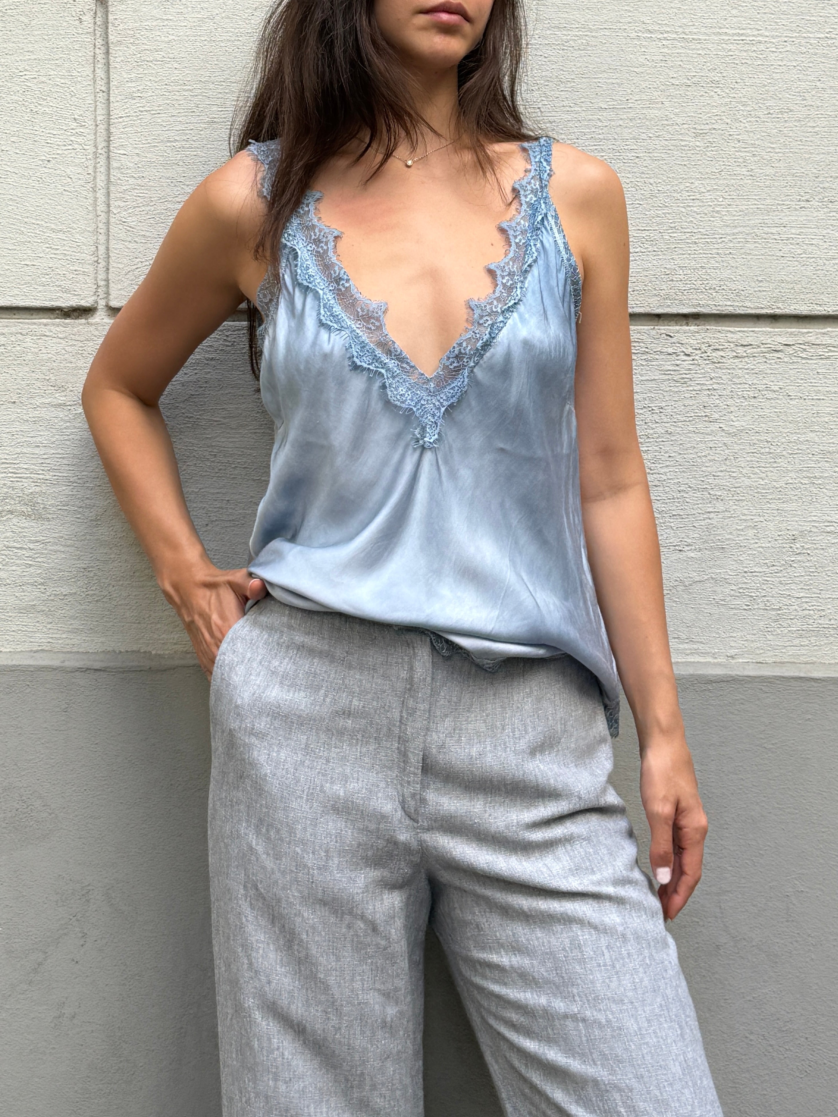 Vintage Light Blue Viscose/Rayon Lace Trim Camisole Top M