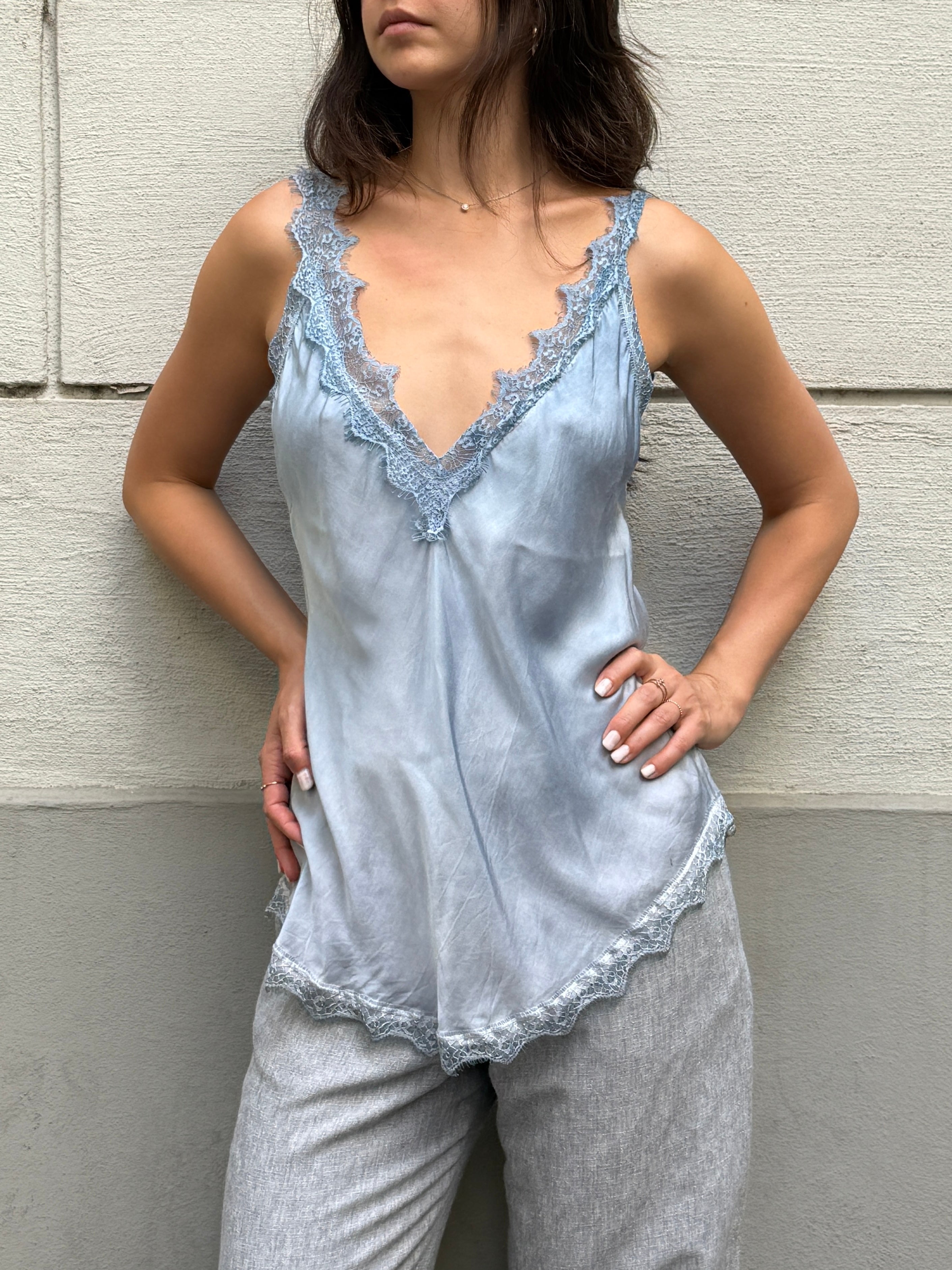 Vintage Light Blue Viscose/Rayon Lace Trim Camisole Top M