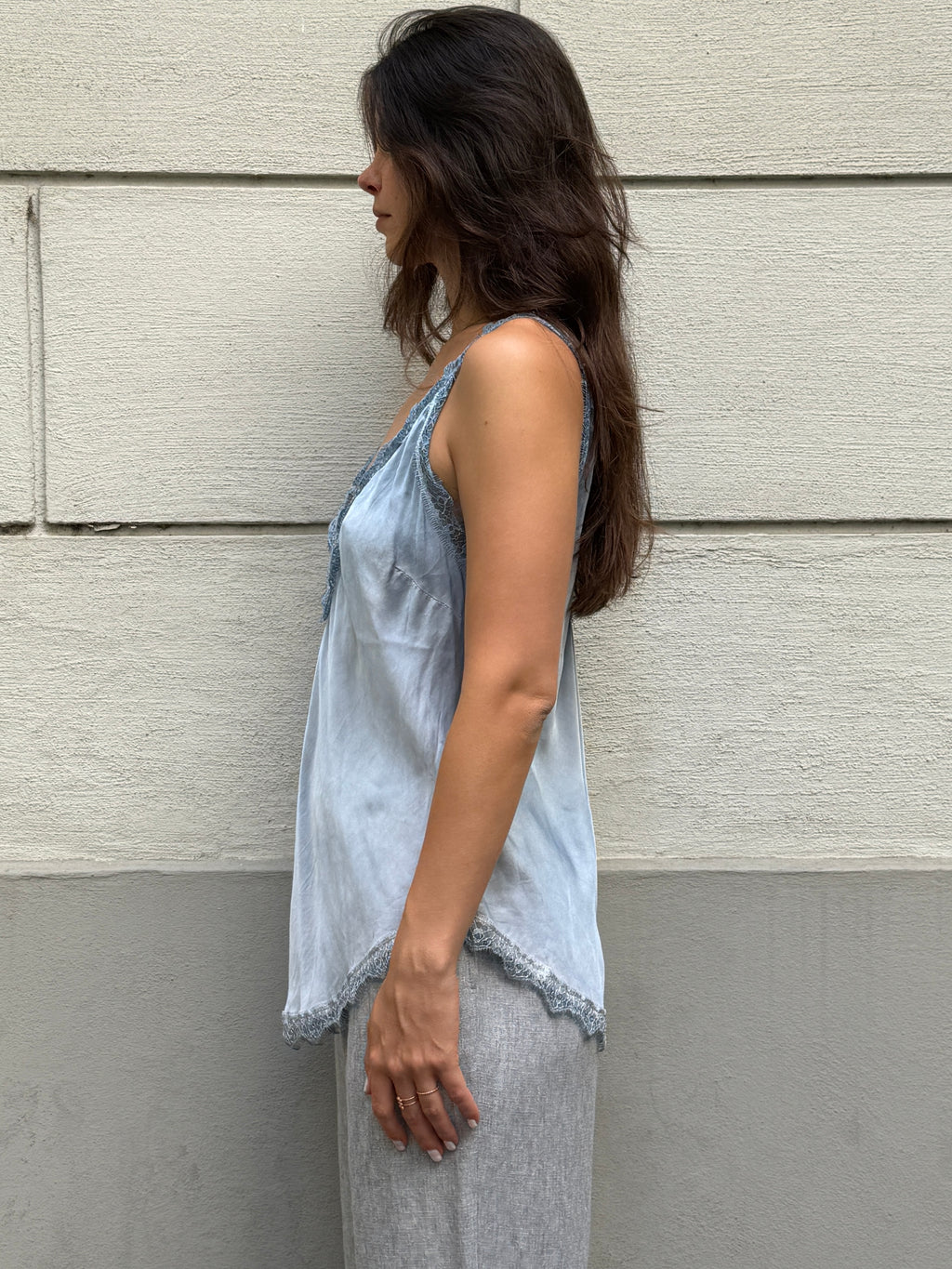 Vintage Light Blue Viscose/Rayon Lace Trim Camisole Top M