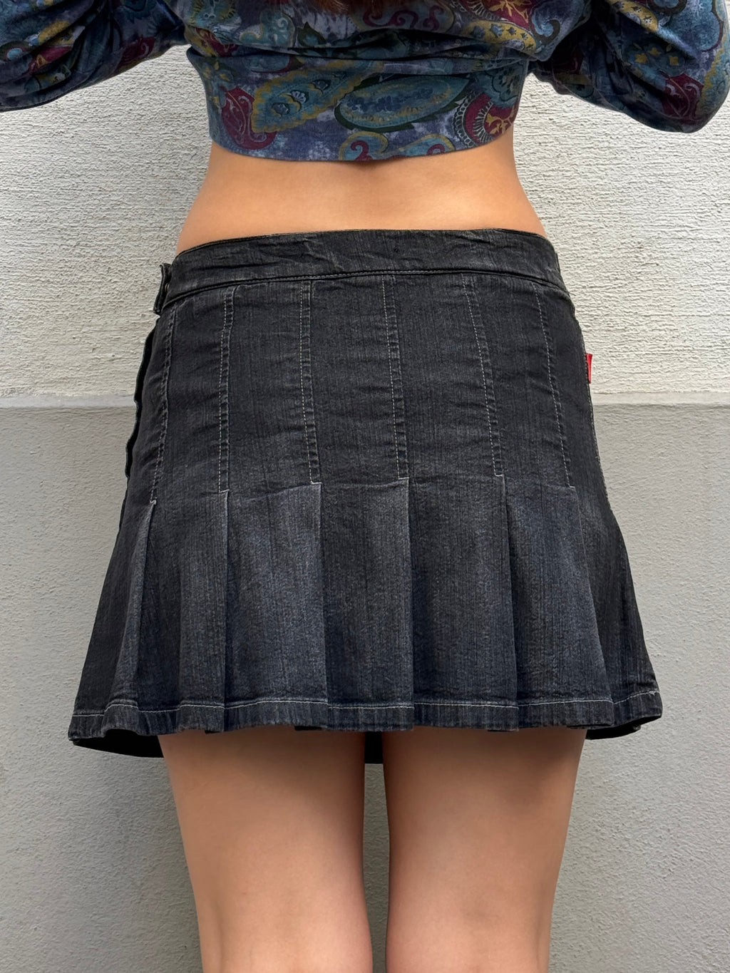 Vintage Y2K Black Denim Pleated Mini Skirt S