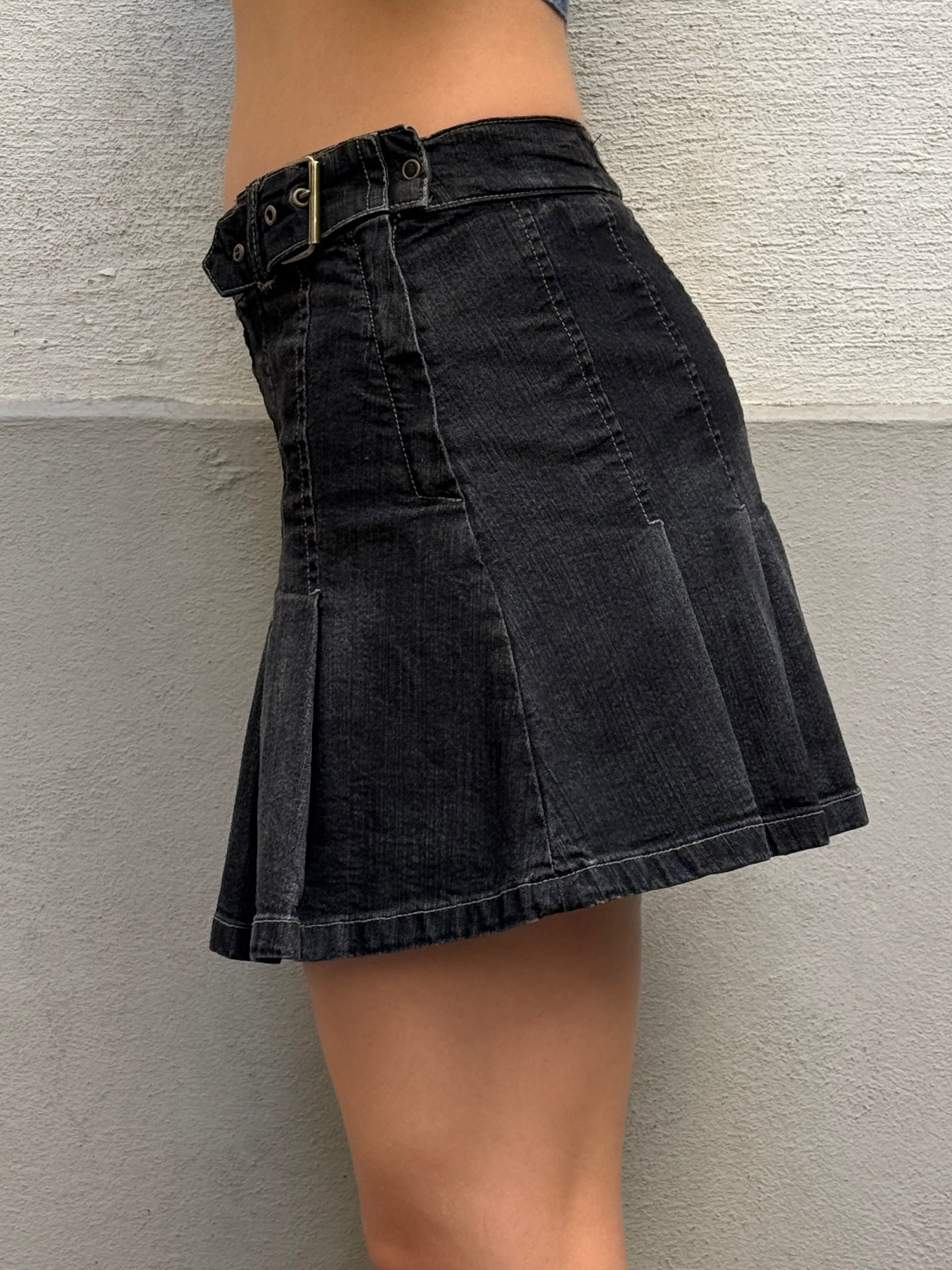 Vintage Y2K Black Denim Pleated Mini Skirt S