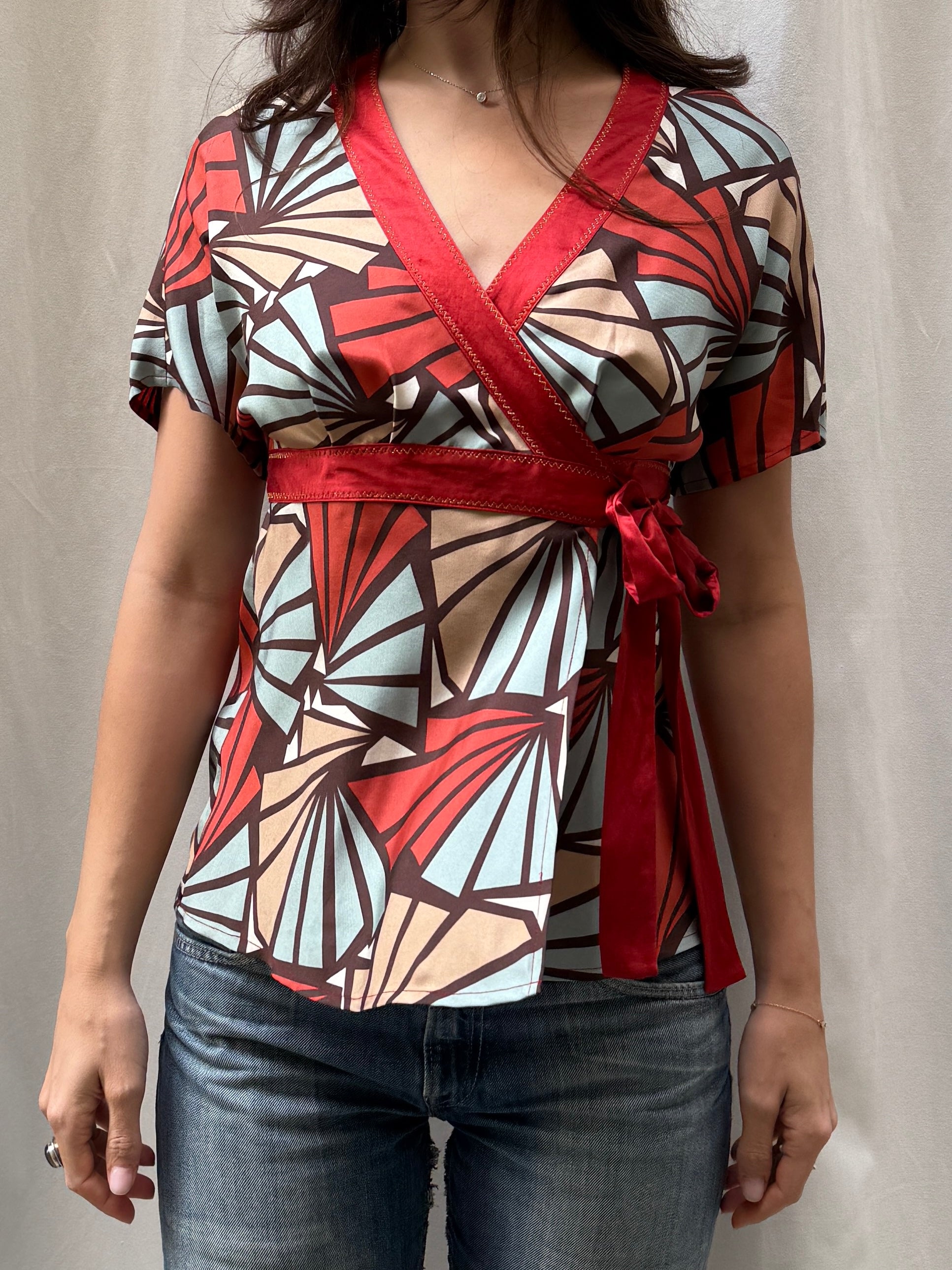 Vintage Y2K 100% Silk Printed Wrap Blouse S/M