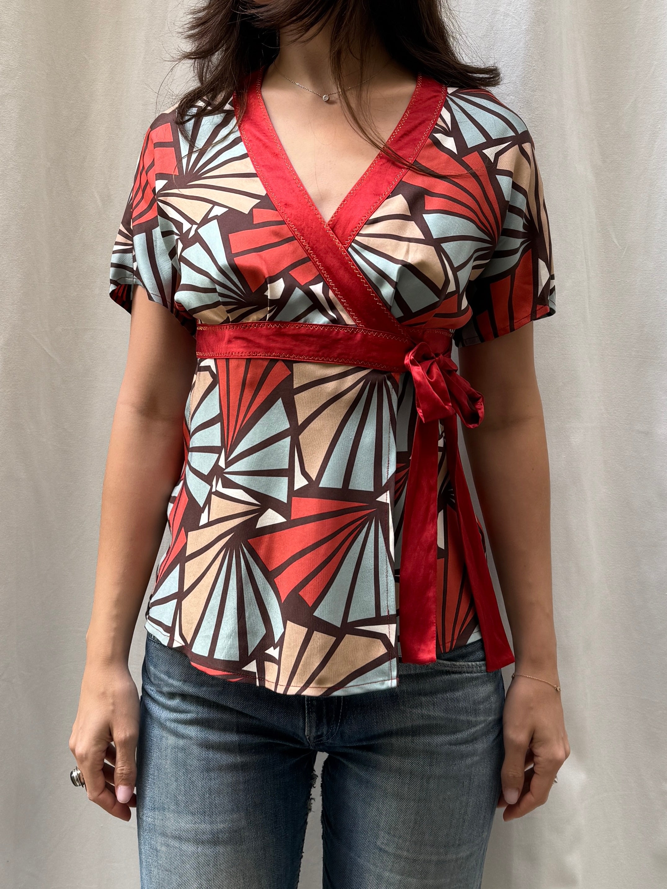 Vintage Y2K 100% Silk Printed Wrap Blouse S/M