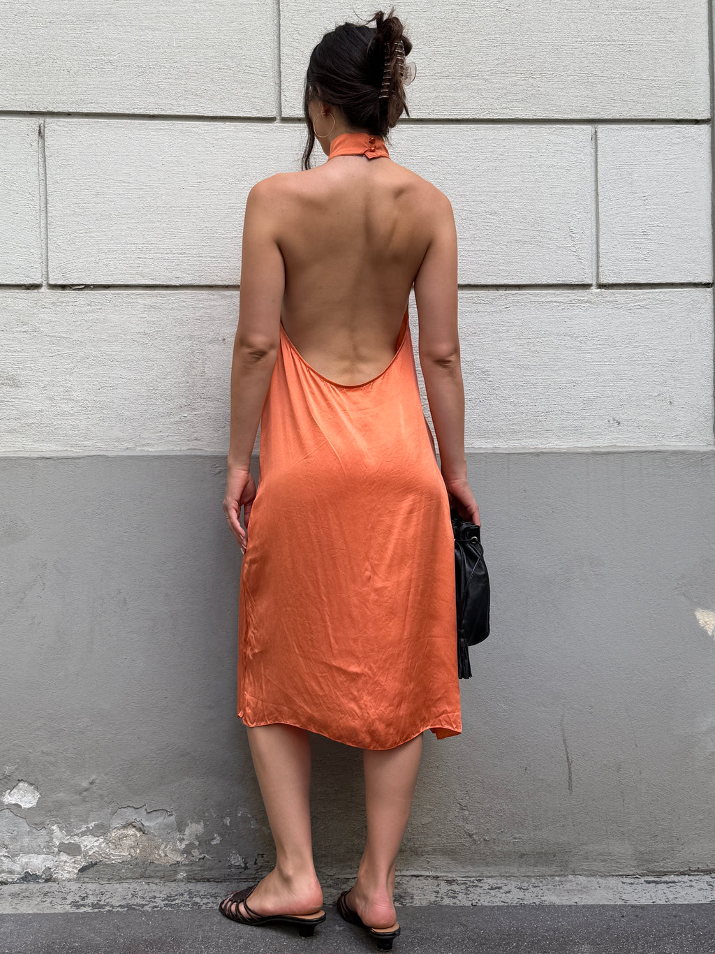 Vintage Y2K 100% Silk Orange Halter Open Back Dress S/M