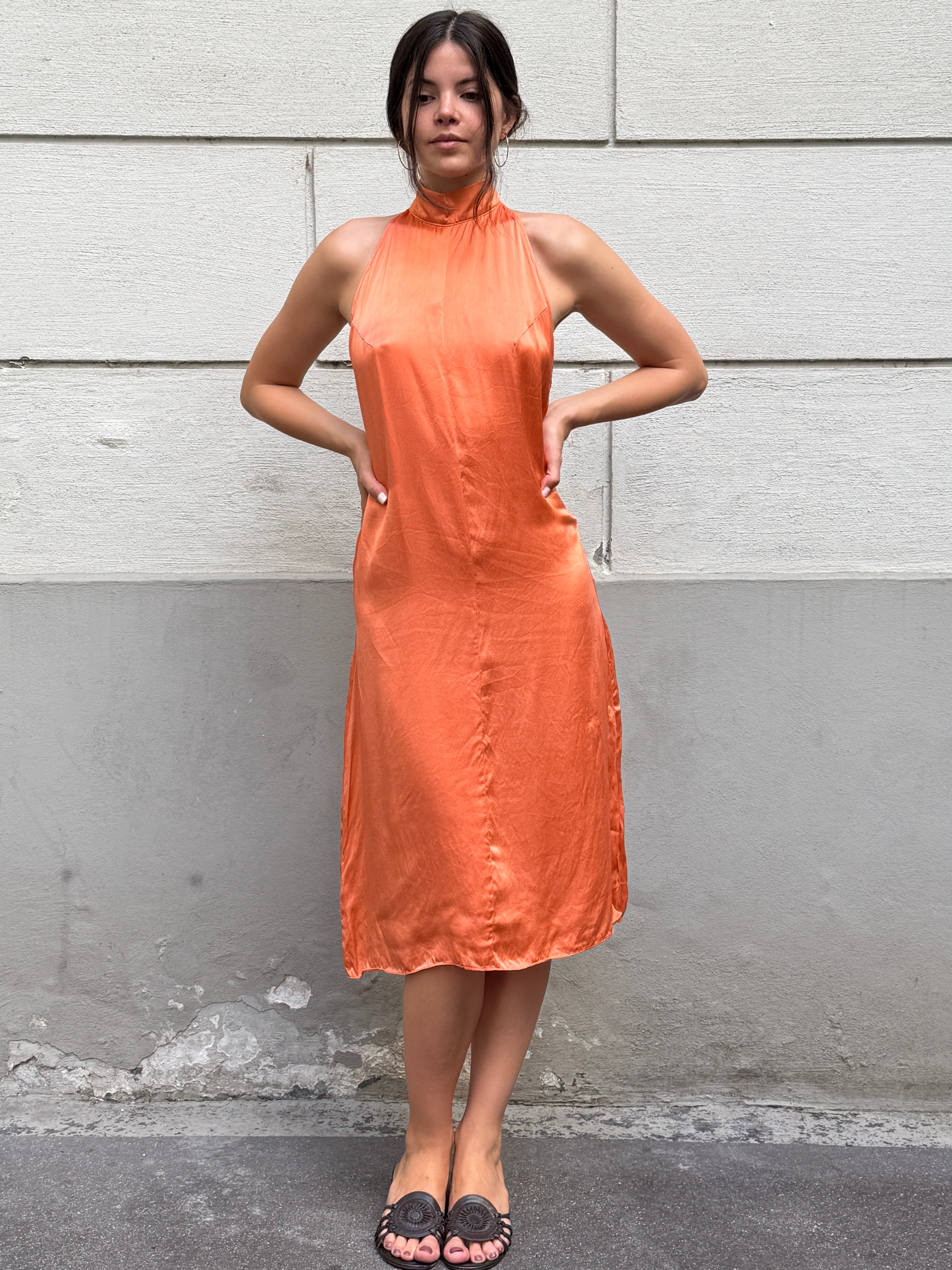 Vintage Y2K 100% Silk Orange Halter Open Back Dress S/M