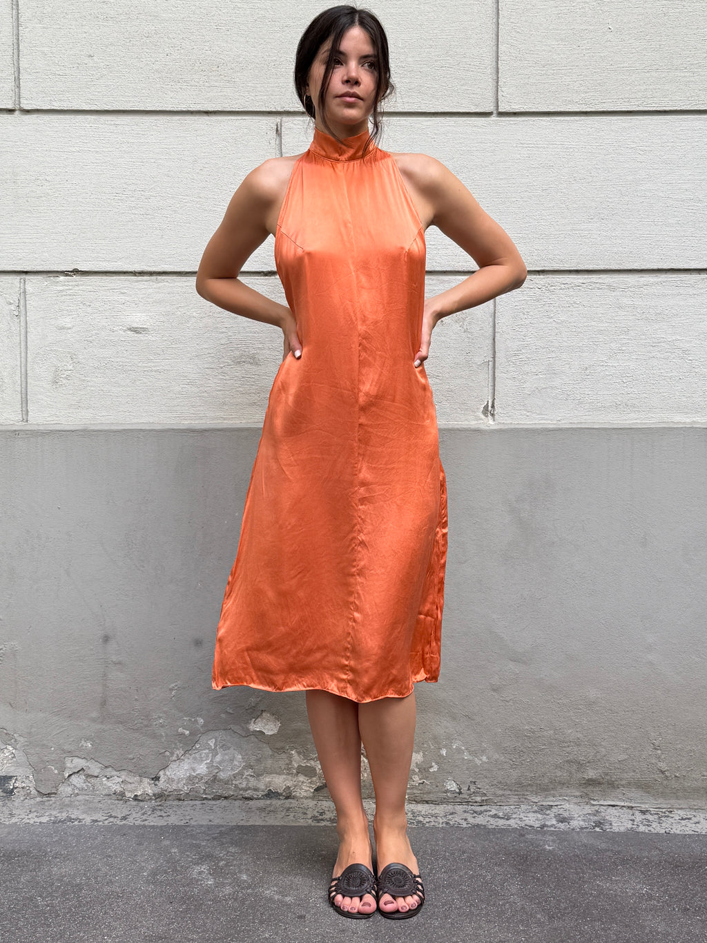 Vintage Y2K 100% Silk Orange Halter Open Back Dress S/M