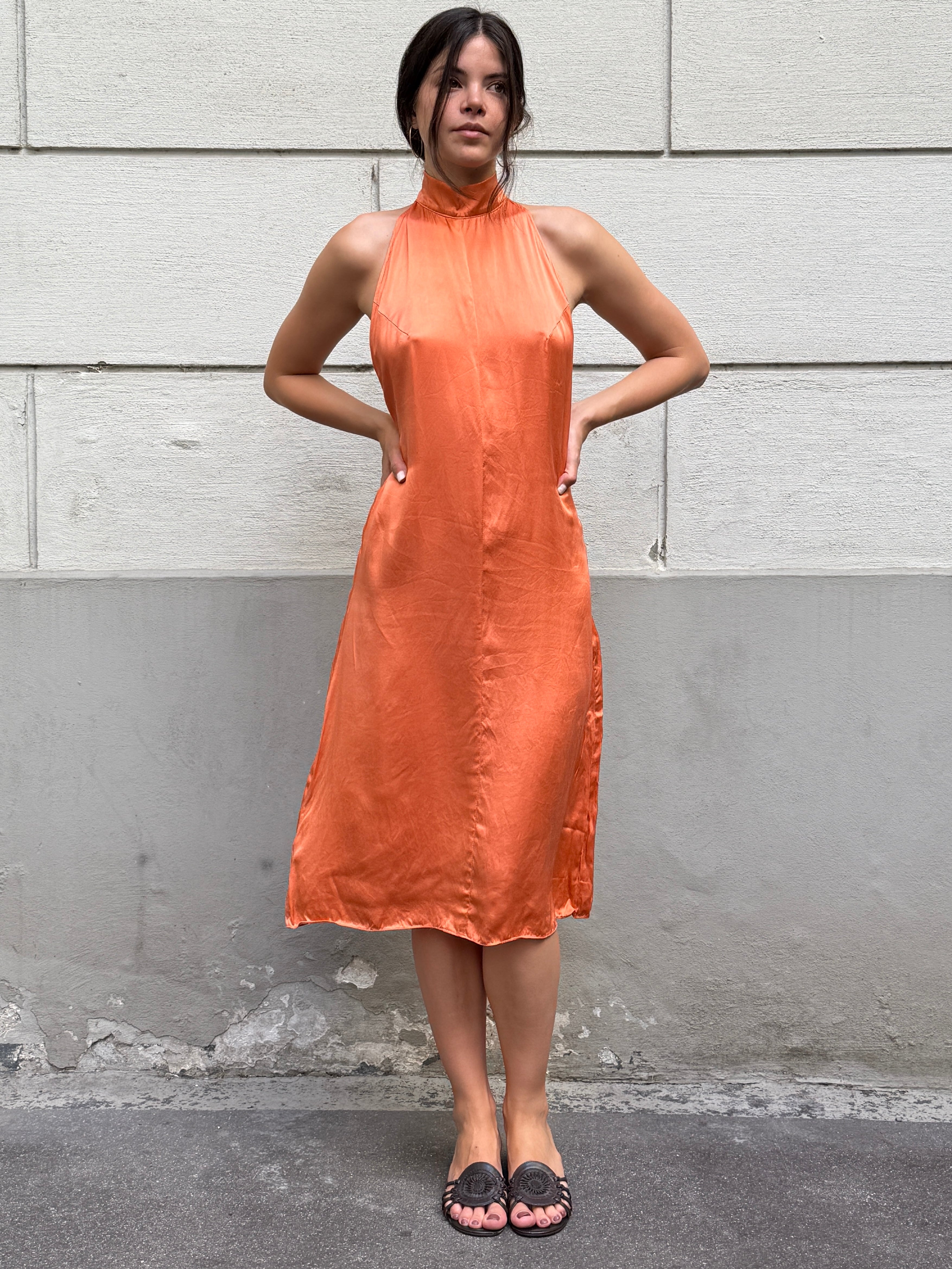 Vintage Y2K 100% Silk Orange Halter Open Back Dress S/M