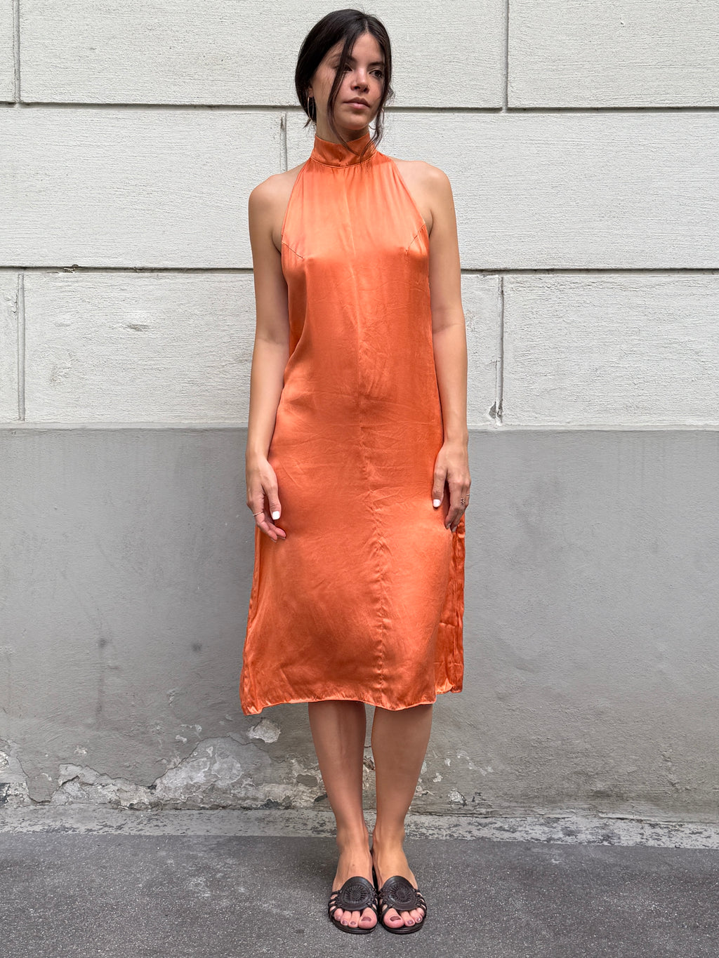 Vintage Y2K 100% Silk Orange Halter Open Back Dress S/M