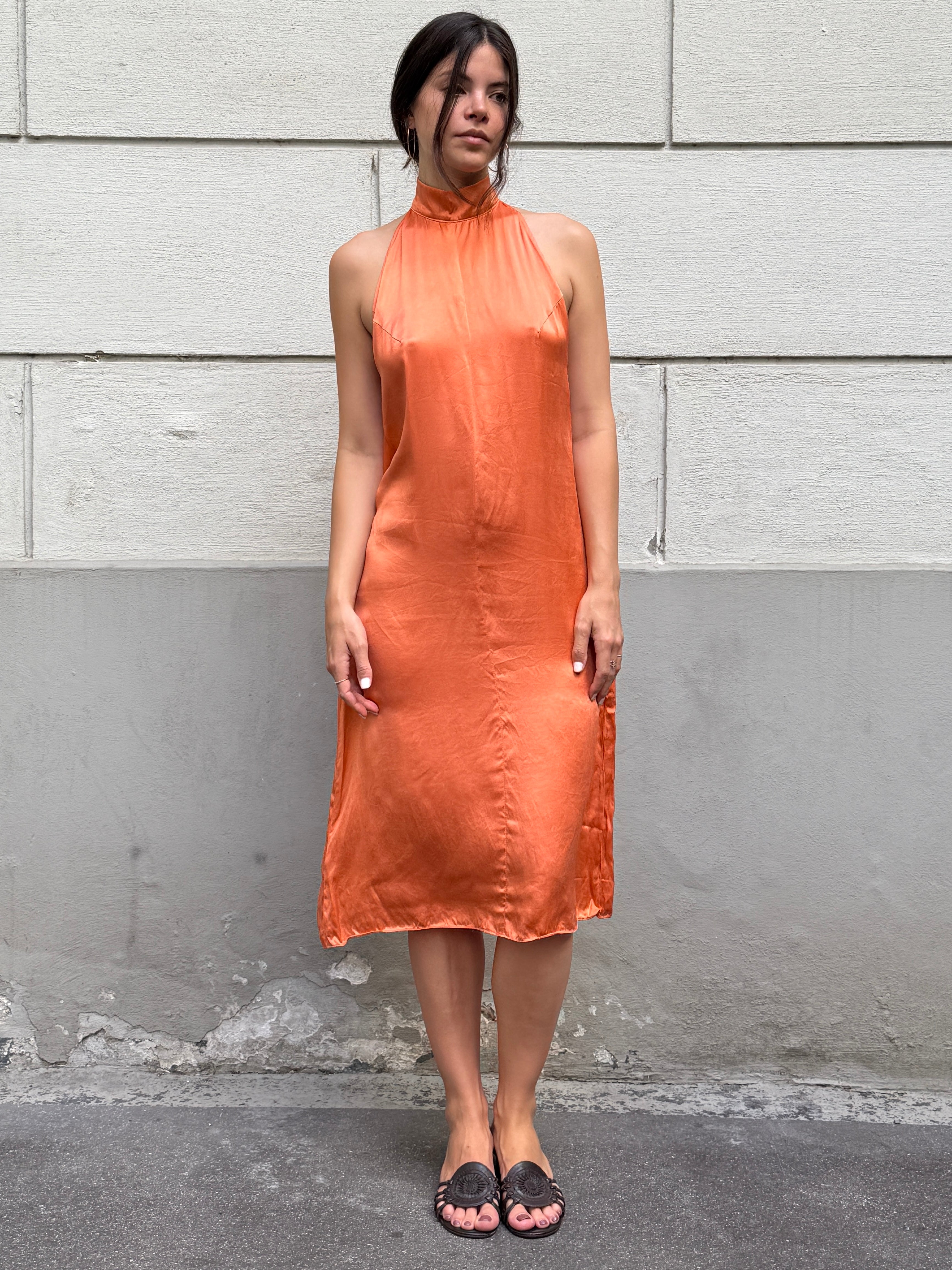 Vintage Y2K 100% Silk Orange Halter Open Back Dress S/M