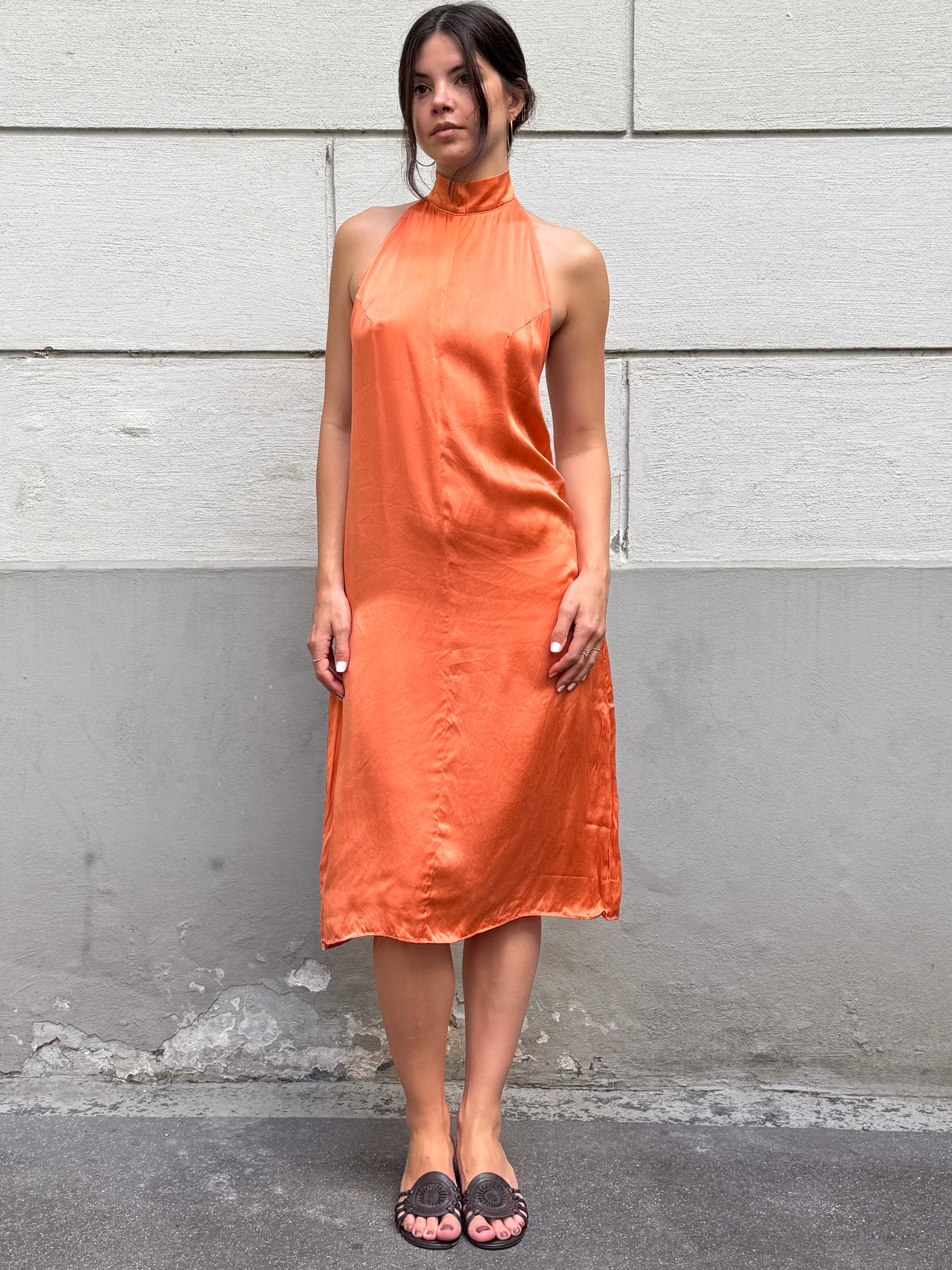 Vintage Y2K 100% Silk Orange Halter Open Back Dress S/M