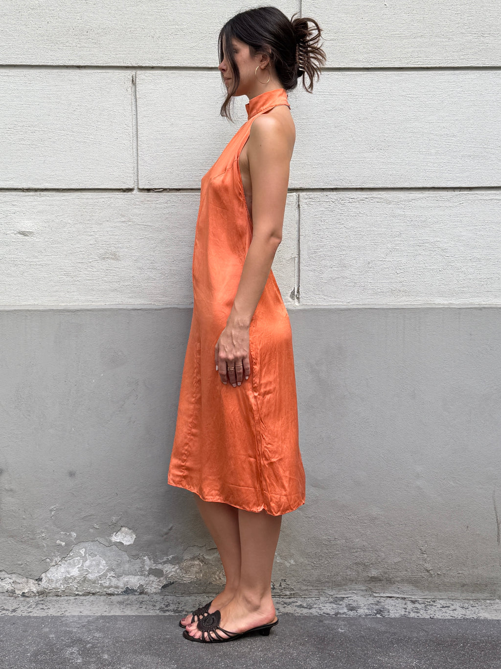 Vintage Y2K 100% Silk Orange Halter Open Back Dress S/M