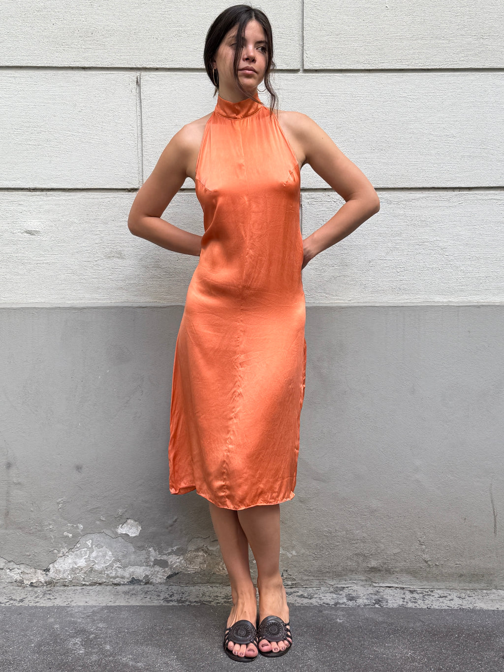 Vintage Y2K 100% Silk Orange Halter Open Back Dress S/M