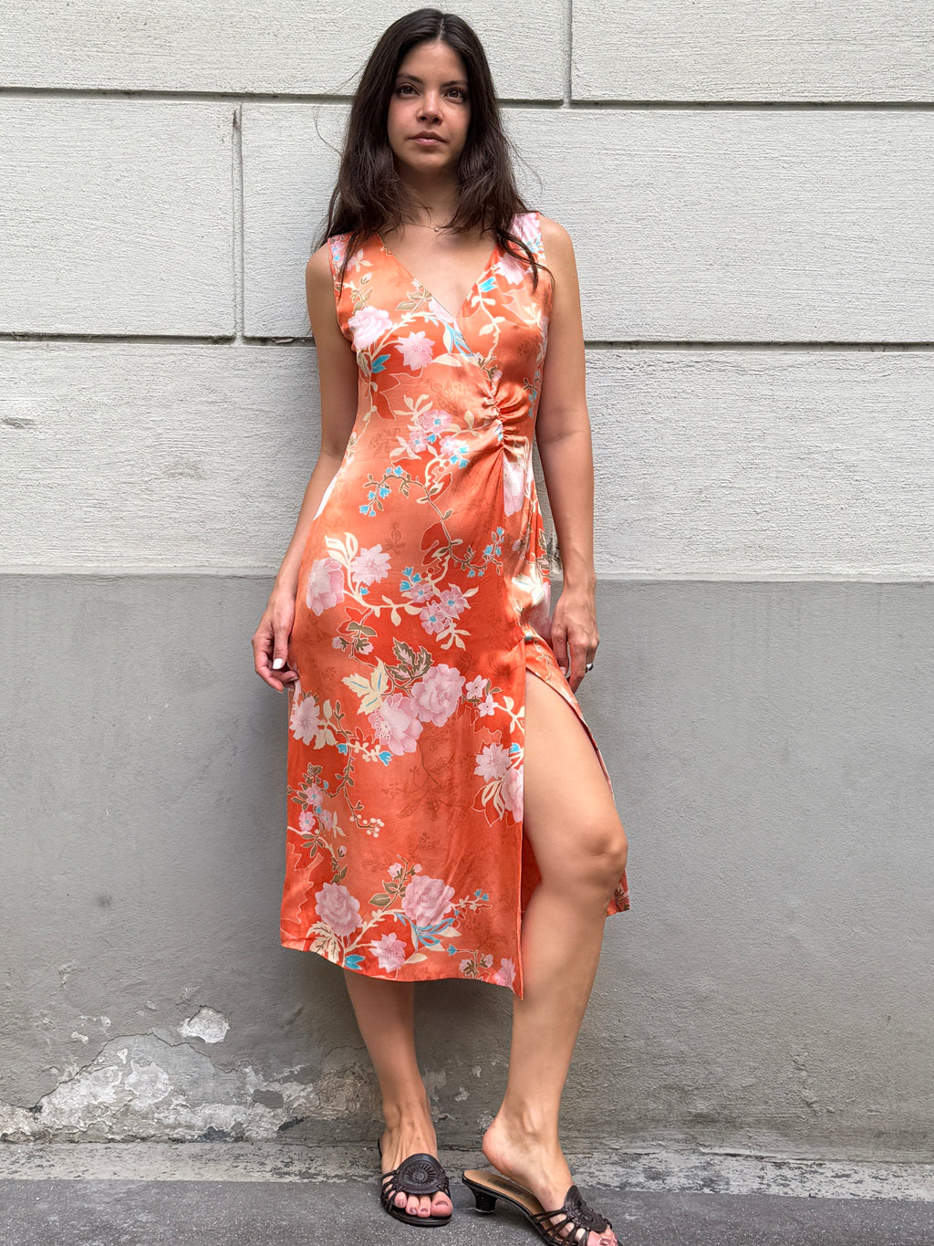 Vintage Y2K 100% Silk Printed Midi Dress M
