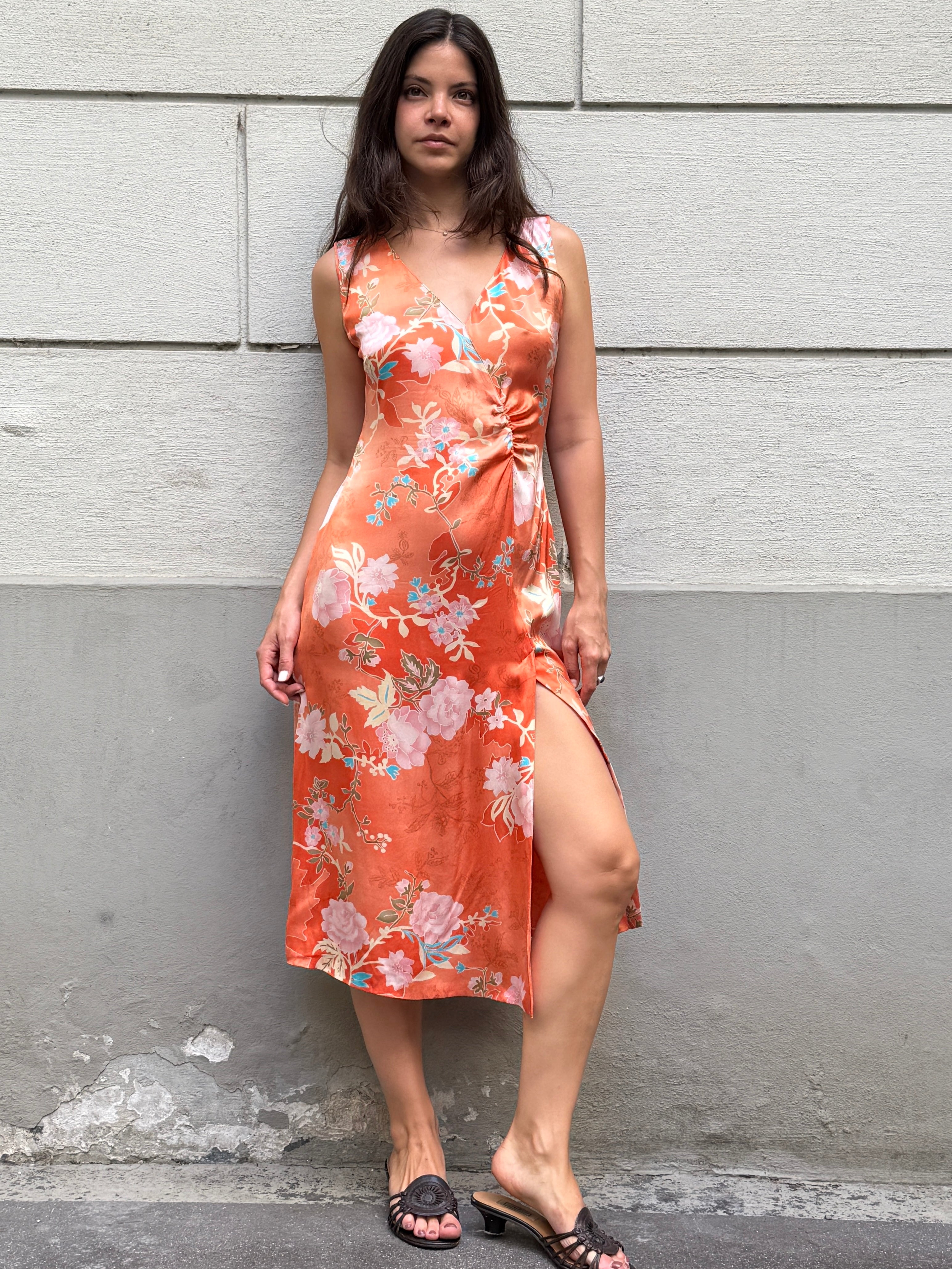 Vintage Y2K 100% Silk Printed Midi Dress M