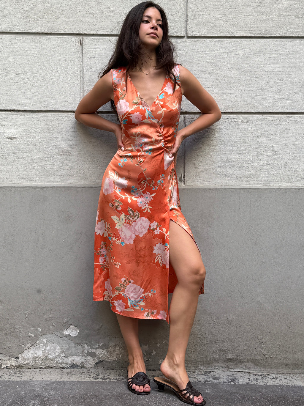 Vintage Y2K 100% Silk Printed Midi Dress M